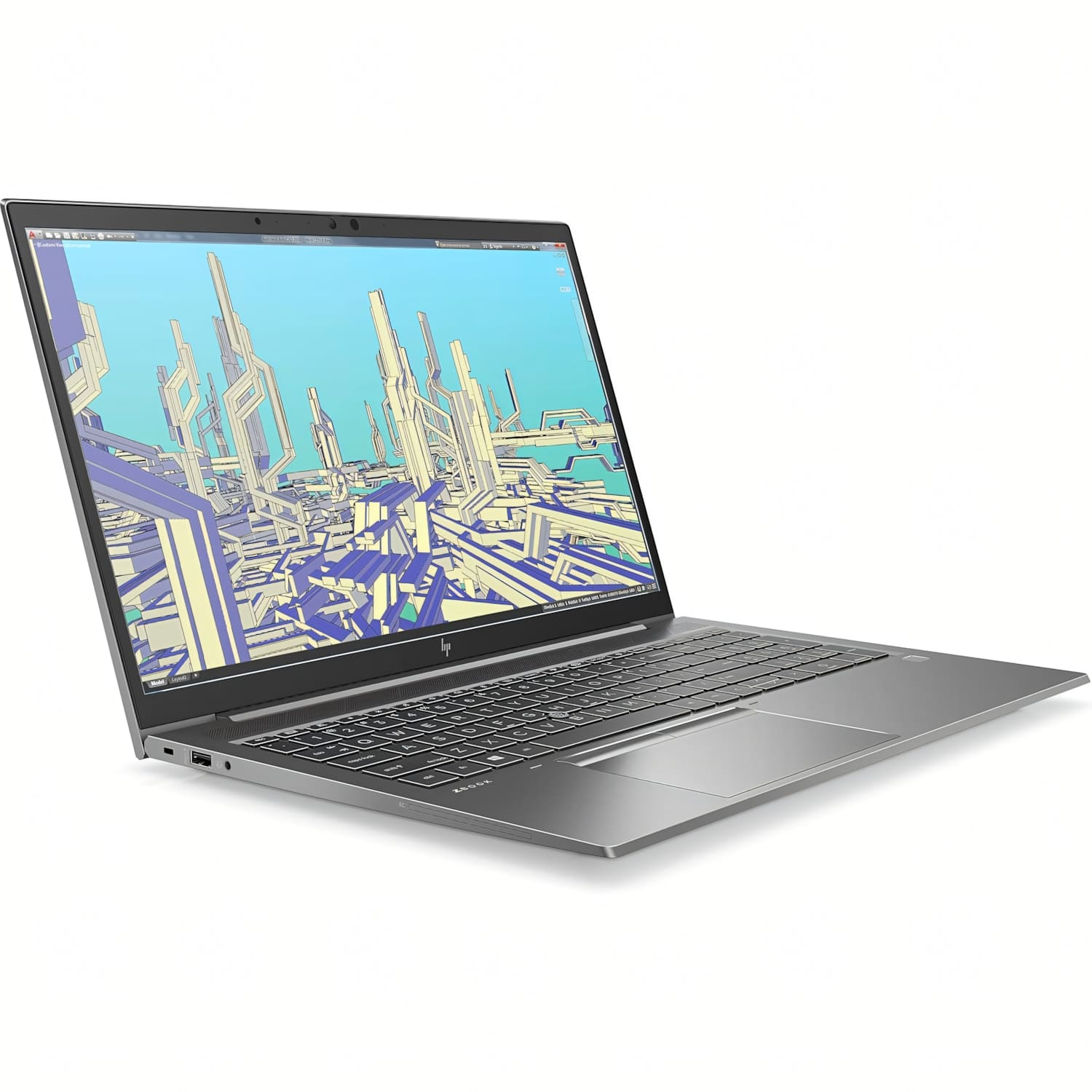 Laptop plateado con una pantalla que muestra un diseño de ciudad futurista. Vista en ángulo.