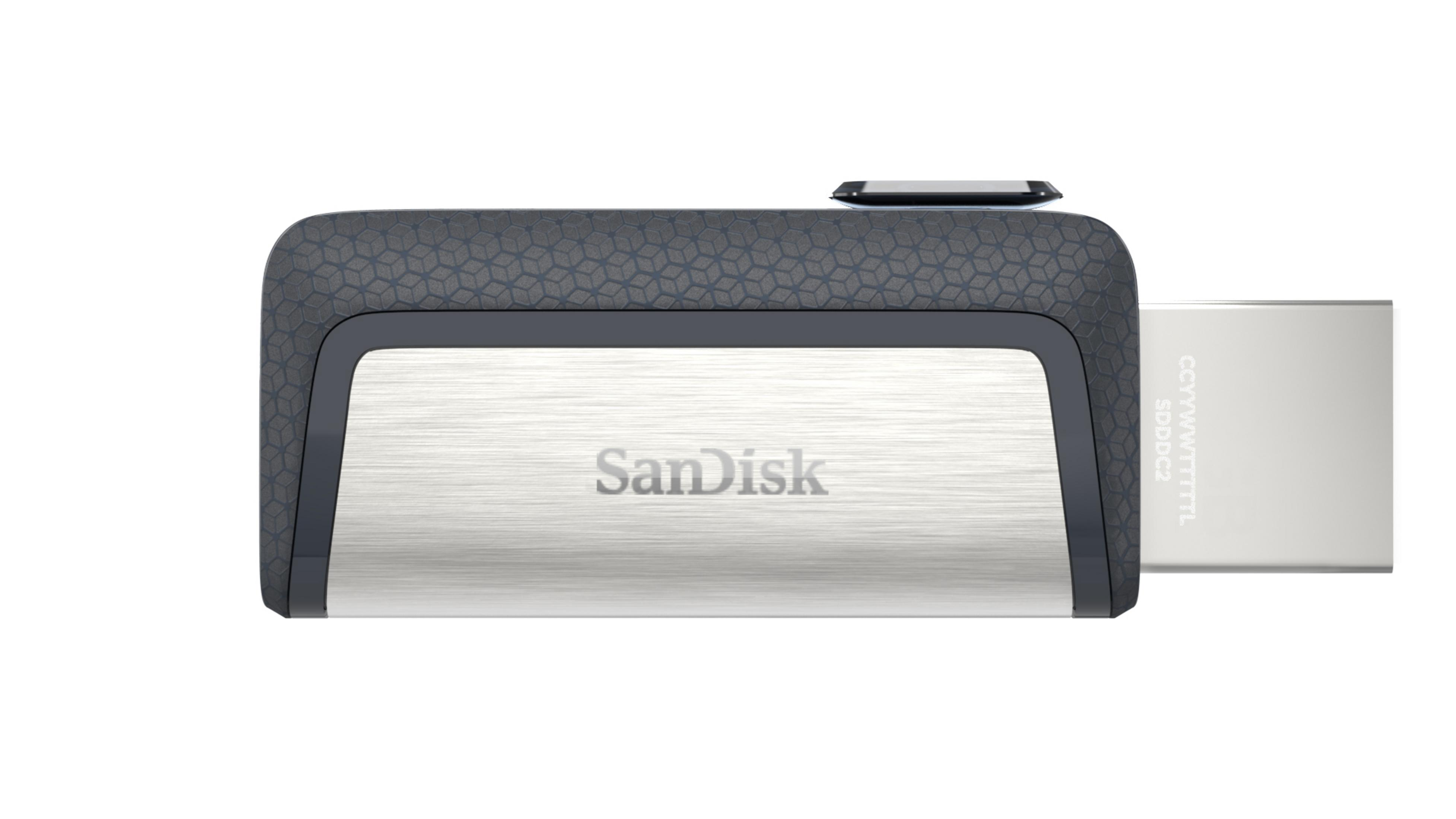 Sandisk USB-Stick, silber und schwarz, mit Sandisk-Logo und ausgefahrenem USB-Anschluss.
