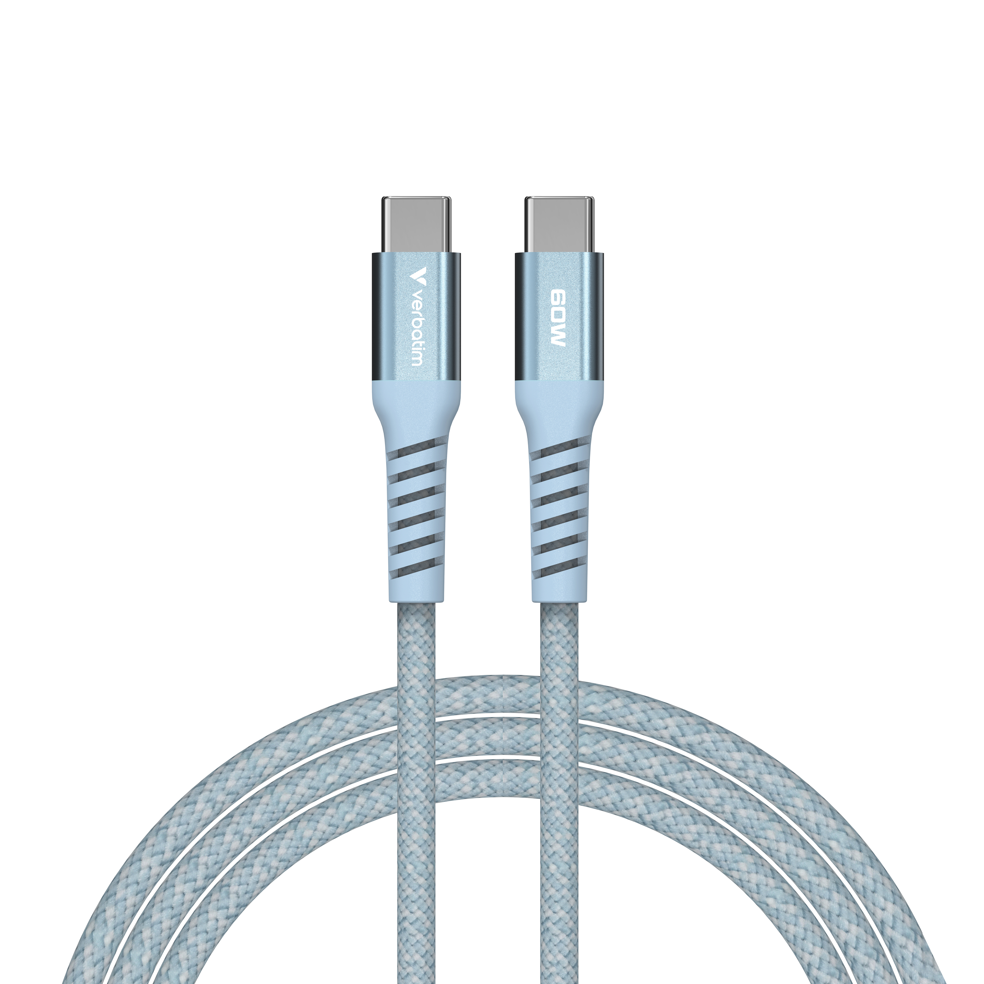 Zwei hellblaue Verbatim 60W USB-C-Kabel. Die Kabel sind geflochten, und die Stecker sind sichtbar.