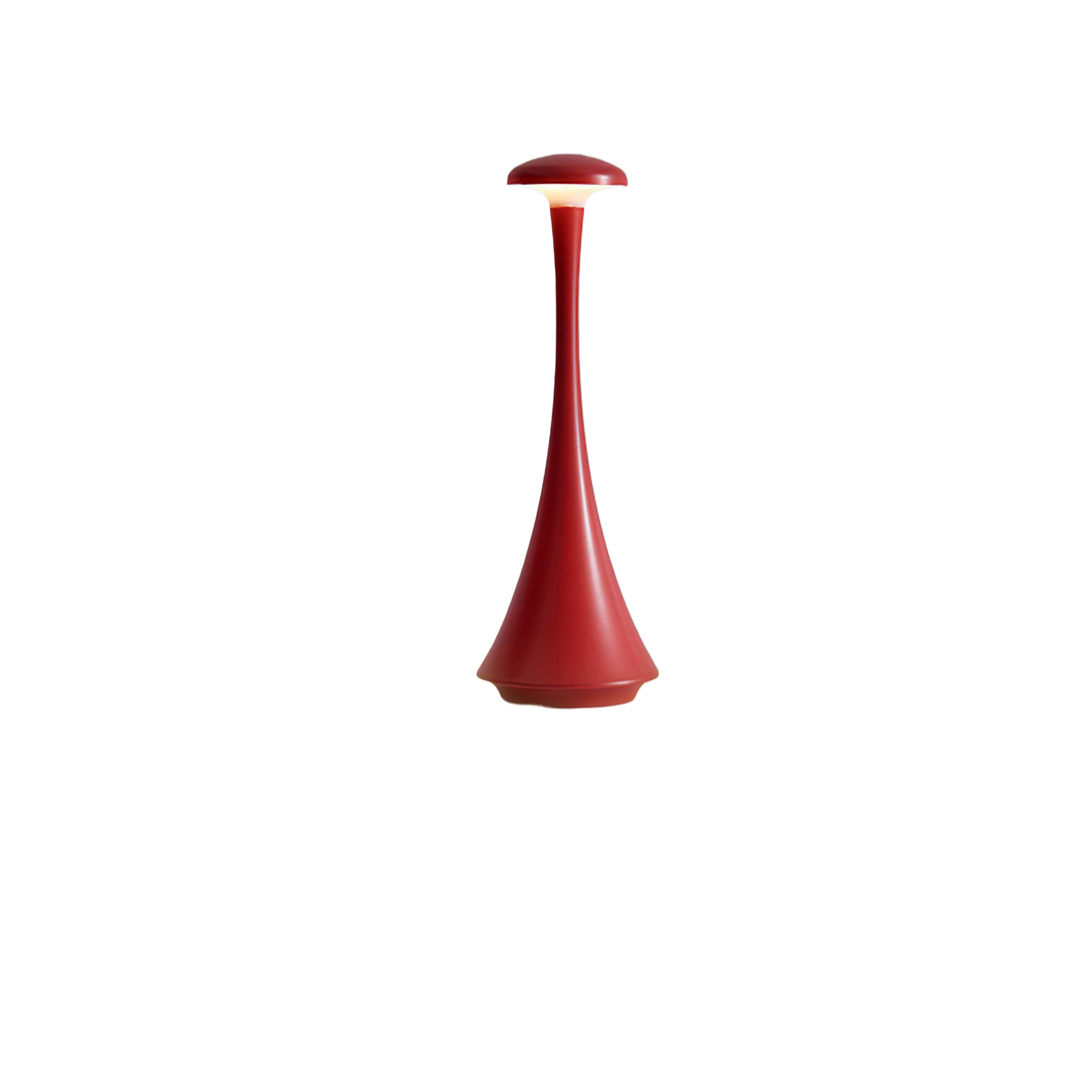 Rote, moderne Tischlampe mit weißem Oberteil. Sie hat eine geschwungene Form und steht auf einer weißen Oberfläche.