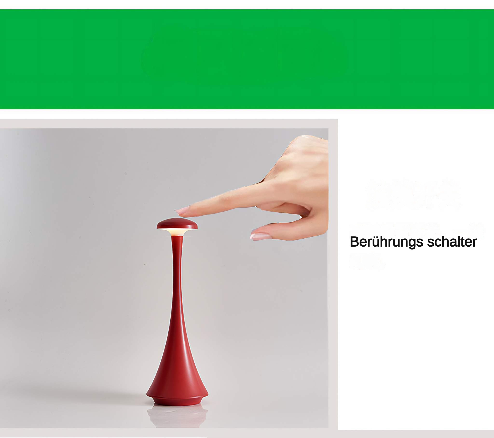 Eine rote Lampe mit einem Berührungsschalter. Eine Hand berührt die Oberseite der Lampe. Der Hintergrund ist grün.
