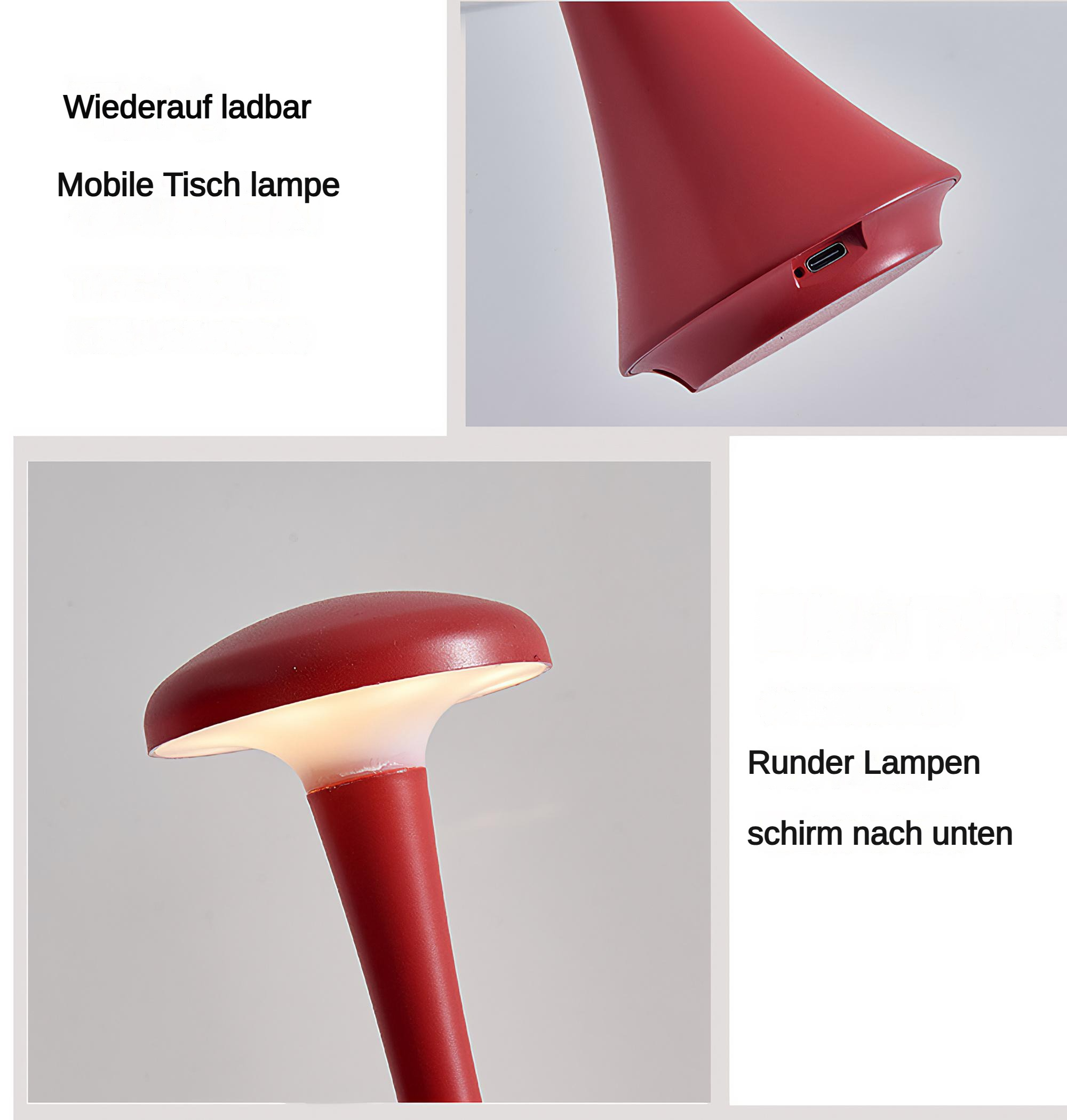 Eine rote Lampe mit weißem Leuchten und Nahaufnahmen davon. Sie ist wiederaufladbar und hat einen nach unten gerichteten Schirm.