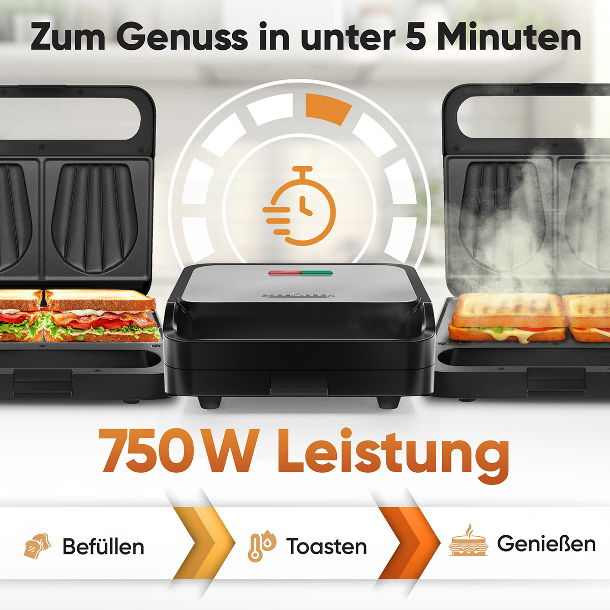 Una macchina per sandwich con sandwich all'interno. Dice '750W di potenza'. Ci sono tre passaggi per fare il sandwich.