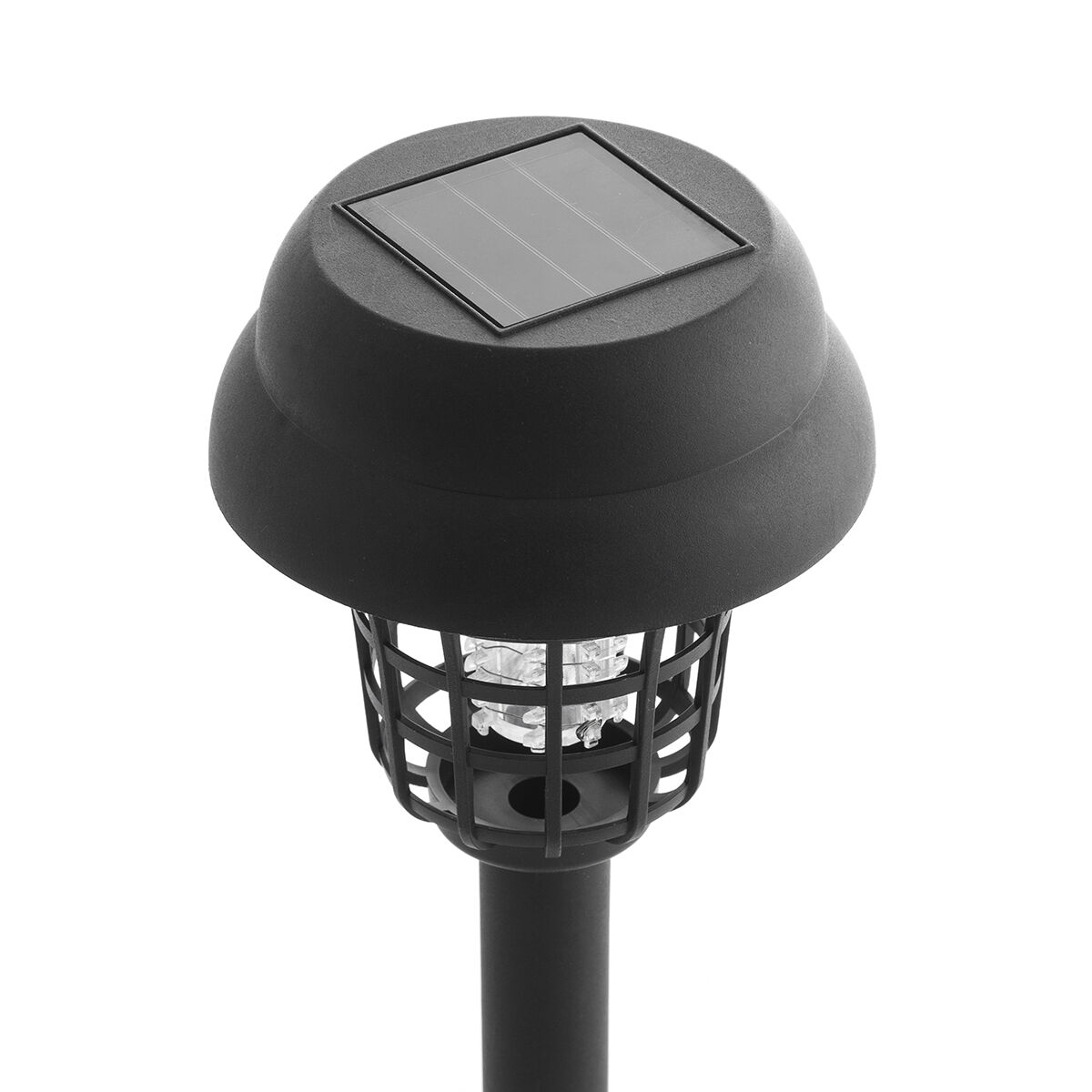 Primo piano di un insetticida nero a energia solare. Ha una gabbia, una parte superiore e un palo nero.
