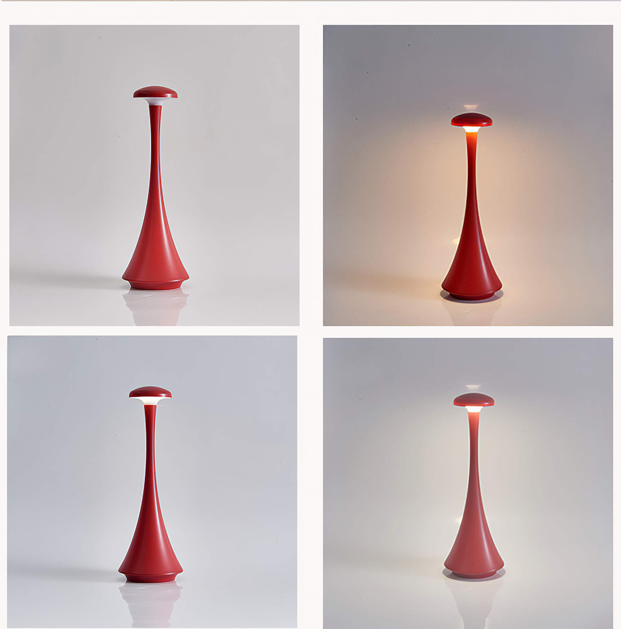 Vier Bilder einer roten Lampe mit abgerundeter Oberseite und einem langen, dünnen Stiel. Die Lampe leuchtet in verschiedenen Einstellungen.