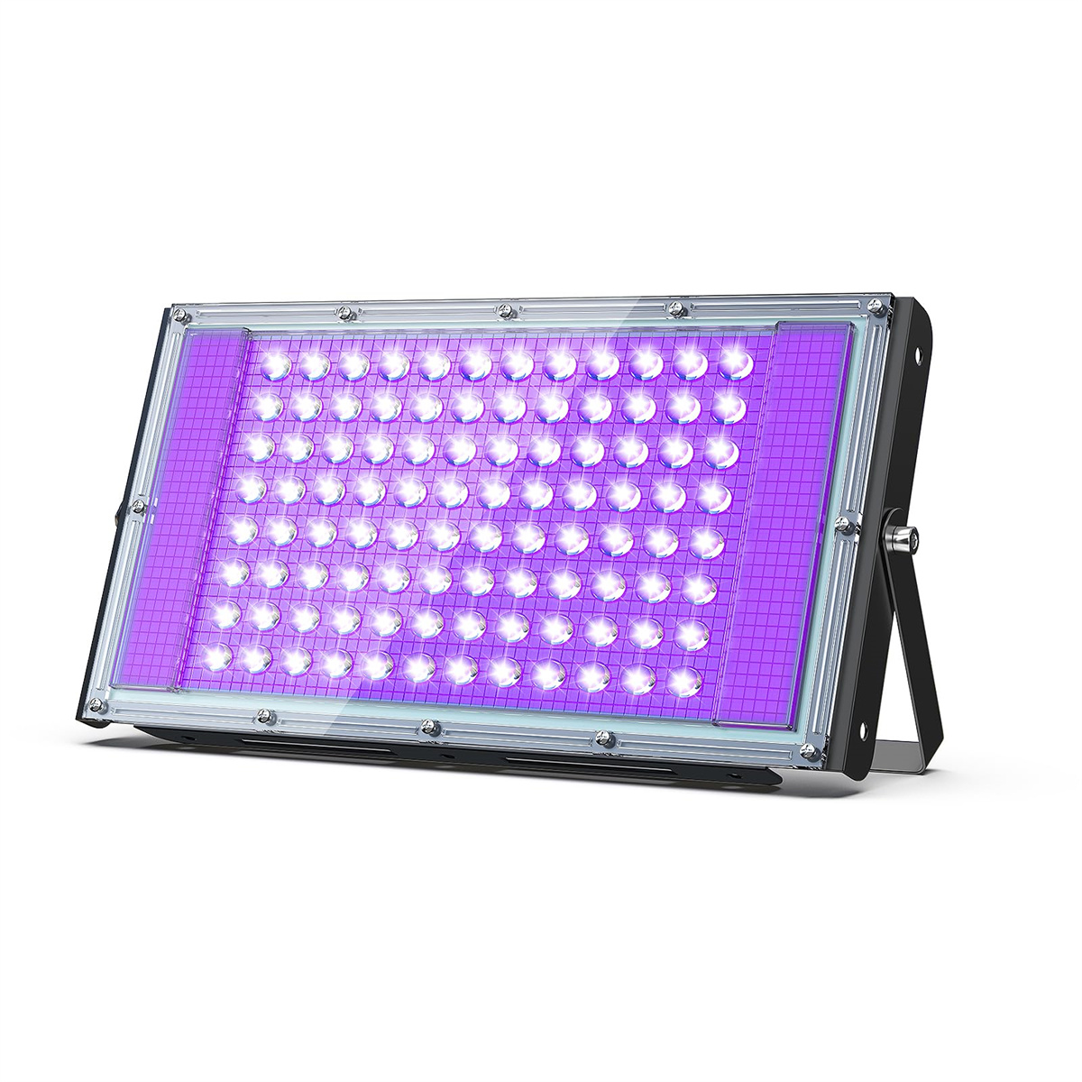 Ein rechteckiges, violettes Lichtpaneel mit vielen kleinen Lichtern im Inneren. Das Panel befindet sich in einem Metallrahmen.