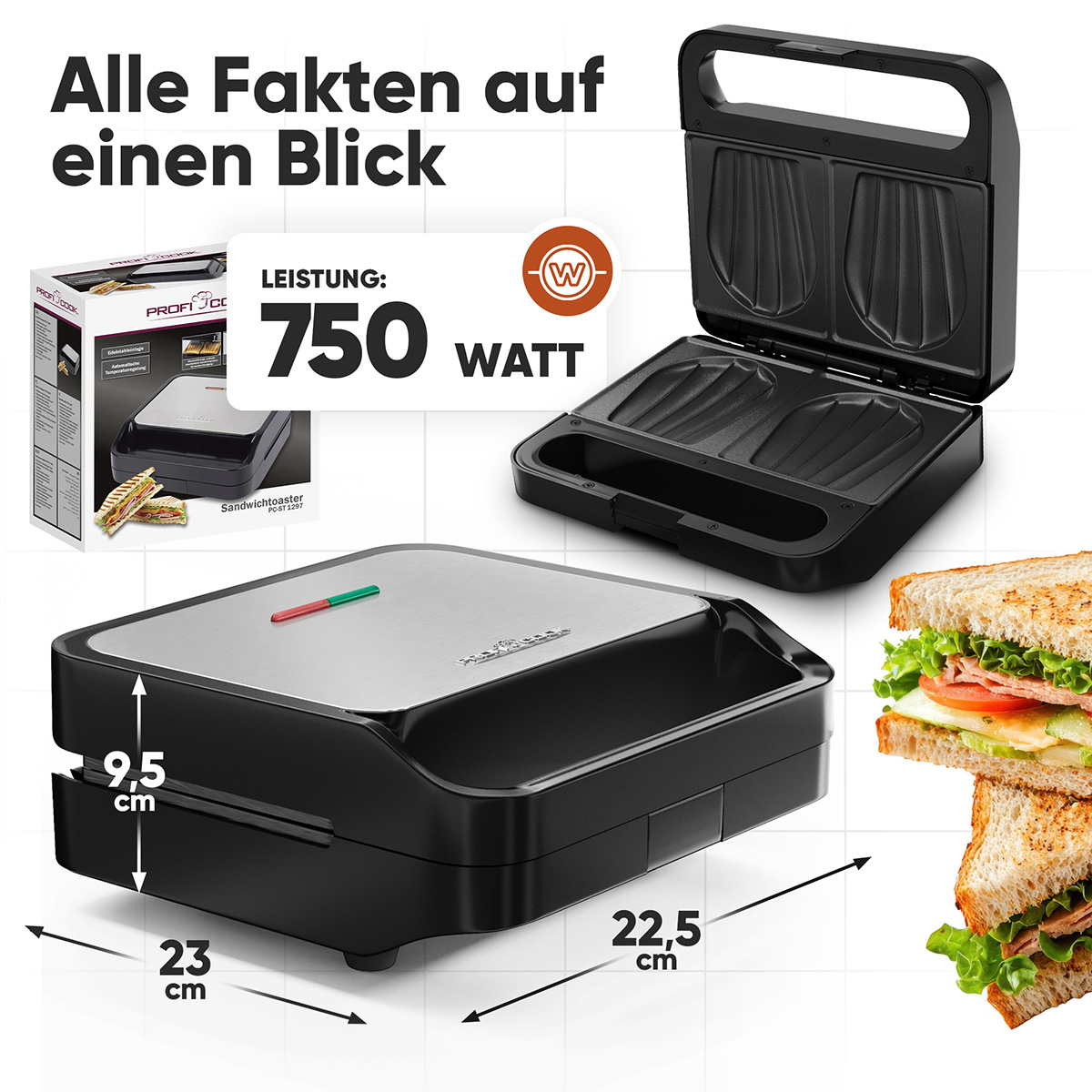 Una sandwichiera chiusa e una aperta. Panini a lato. Mostra dimensioni e watt di potenza.