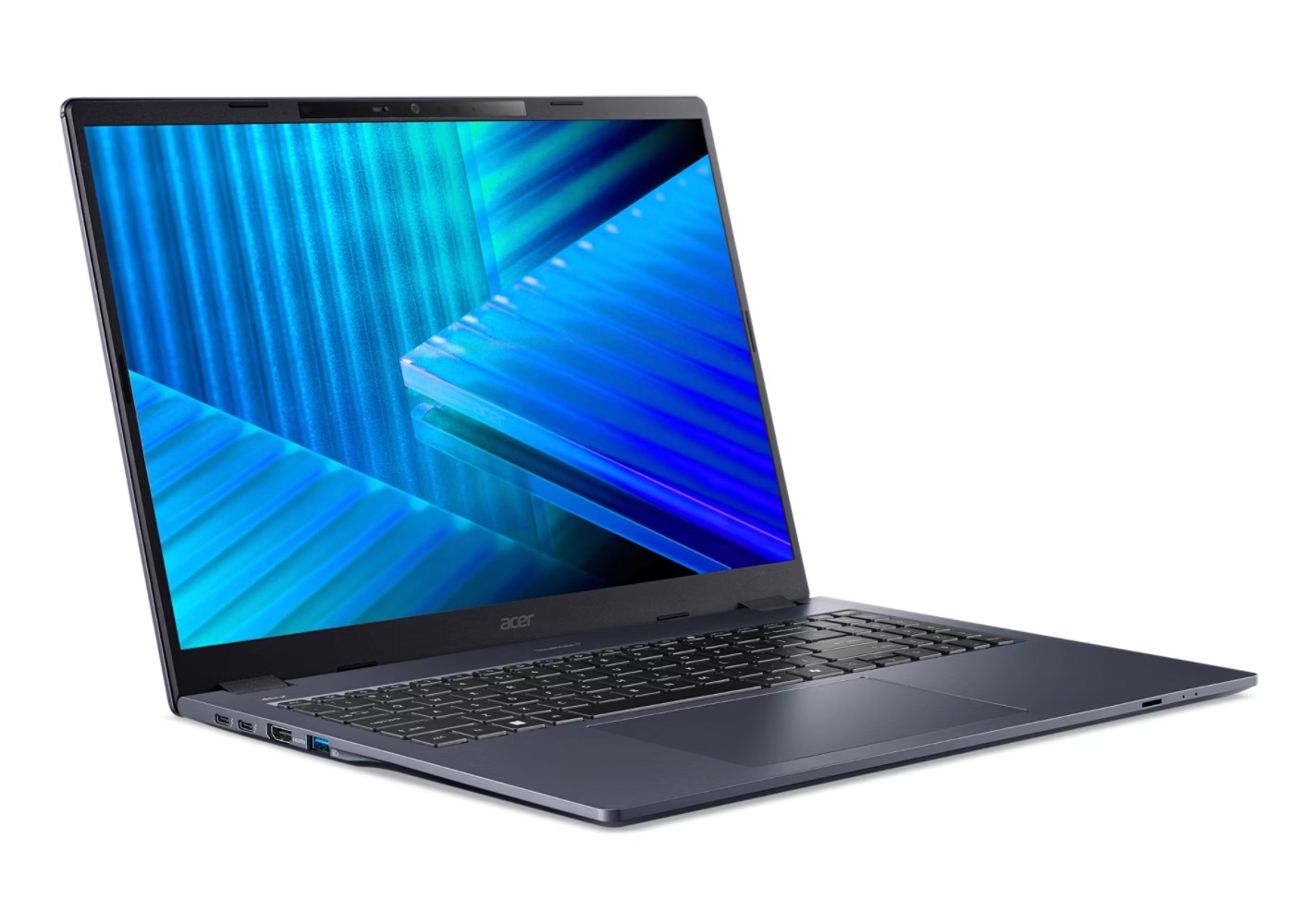 Un laptop grigio scuro angolato, che mostra lo schermo e la tastiera. Motivo astratto blu sullo schermo.