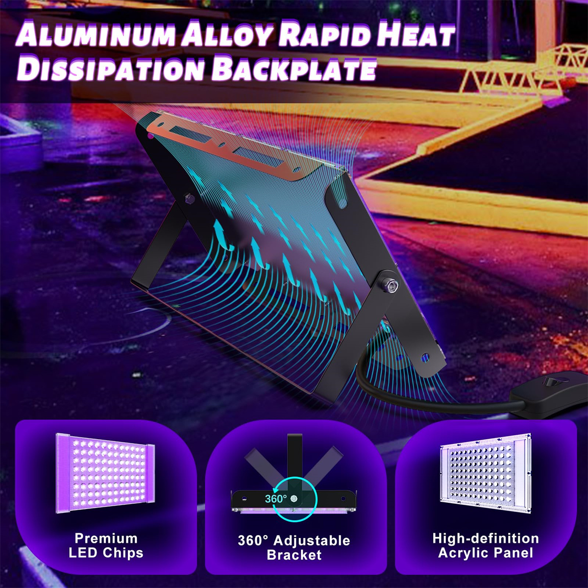 Ein Flutlicht mit LED-Chips und einer Halterung. Es hat eine Rückplatte aus Aluminiumlegierung und eine Acrylplatte.