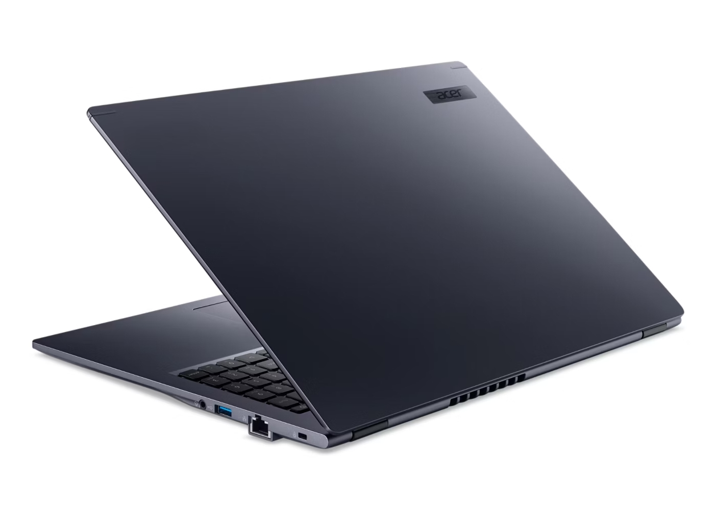 Il laptop è blu scuro. È aperto, mostra la tastiera. Lo schermo è angolato.