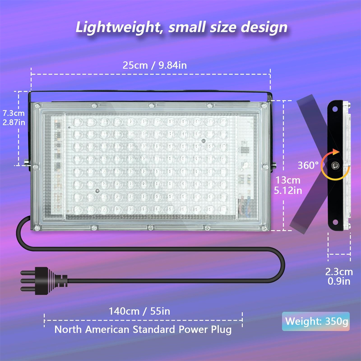 Ein rechteckiger LED-Flutlichtstrahler mit Maßen und Netzstecker. Die rechte Seite zeigt eine 360-Grad-Ansicht.