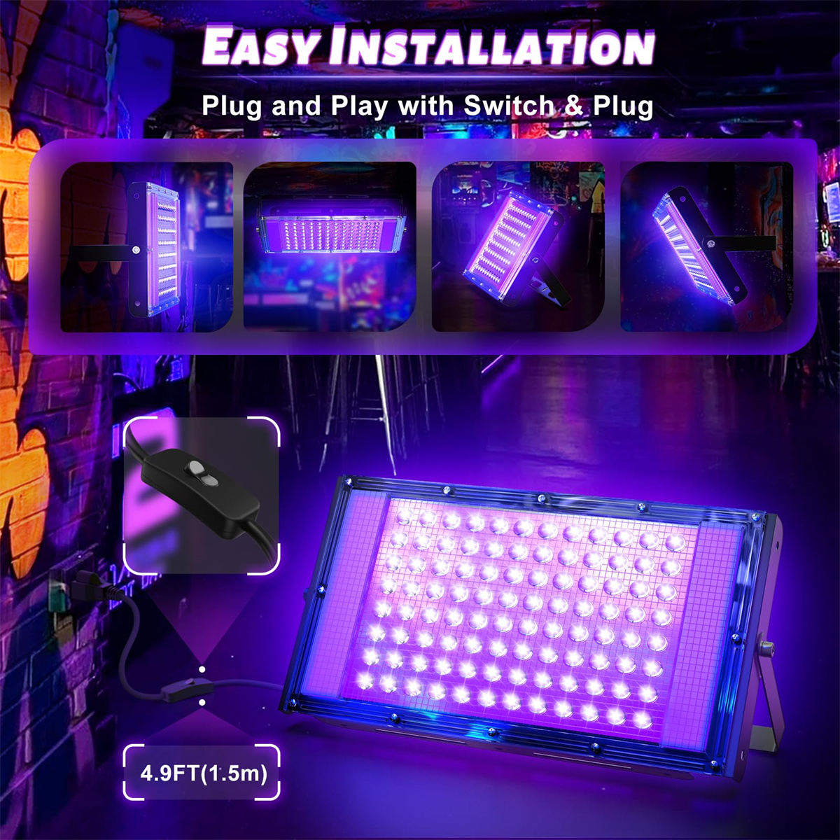 Bilder, die die Montage und Verwendung eines violetten LED-Flutlichts mit Schalter und Stecker für einfache Installation zeigen.