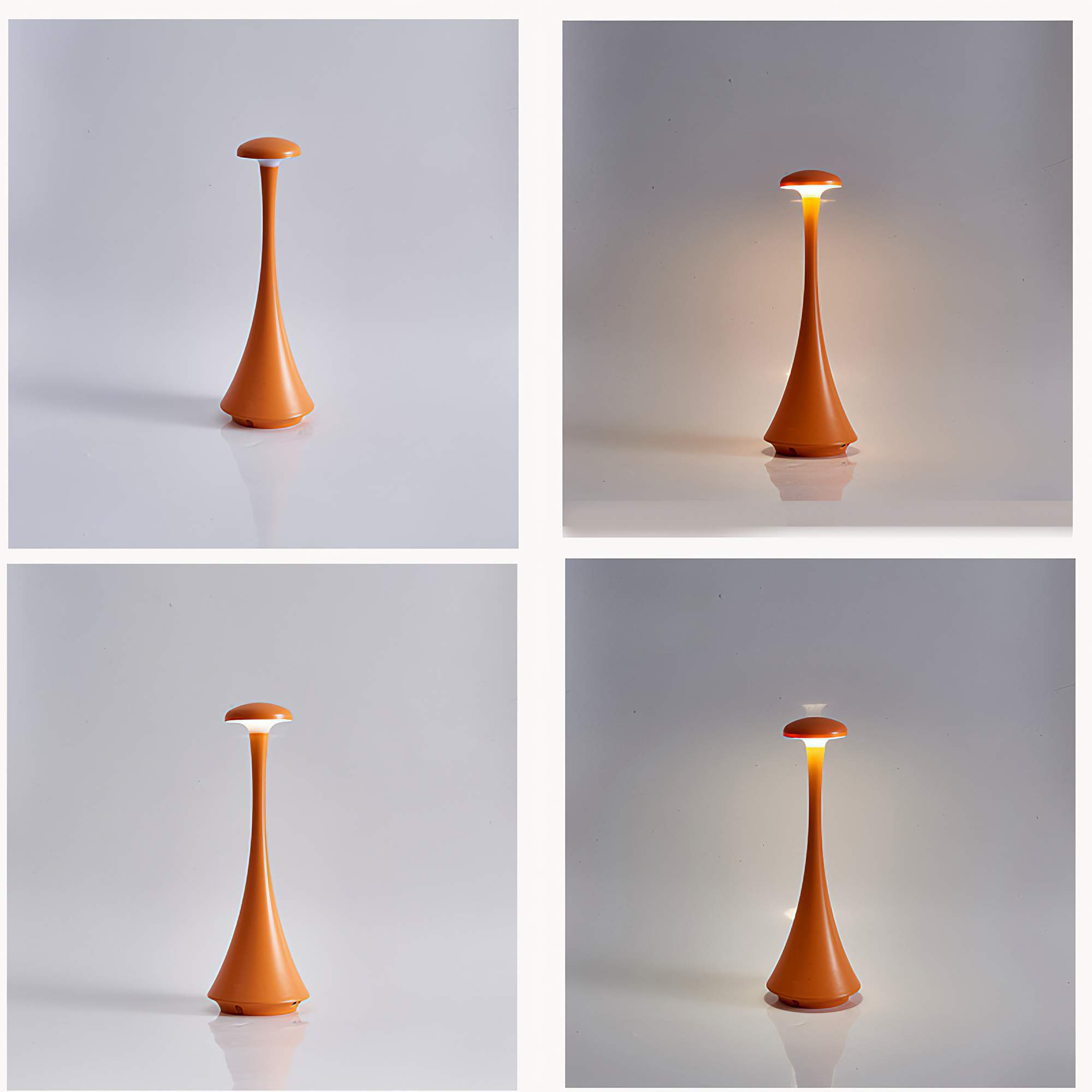 Vier Bilder einer orangefarbenen Lampe vor weißem Hintergrund. Die Lampe ist konisch und hat oben ein kleines Licht.