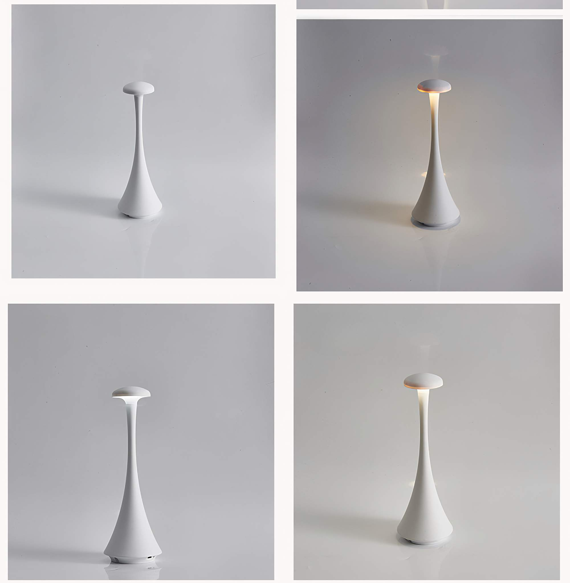 Vier Bilder einer weißen Lampe mit langem, dünnem Stiel und einem kleinen, kreisförmigen Licht an der Spitze, vor weißem Hintergrund.