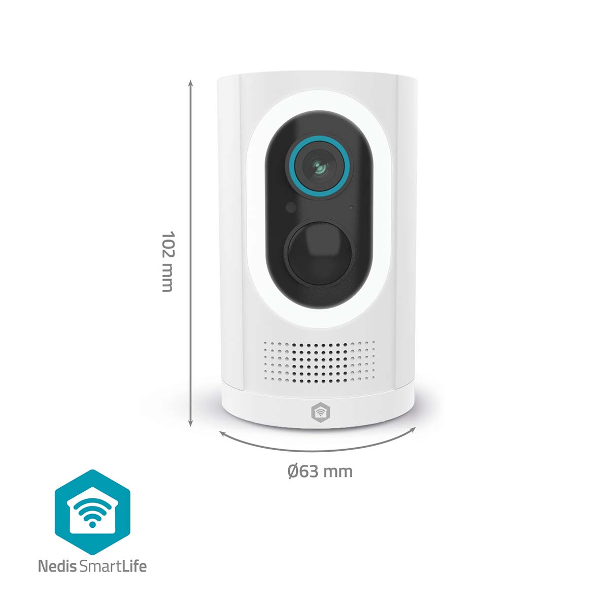 Weiße zylindrische Smart-Kamera mit Abmessungen und Logo auf weißem Hintergrund.