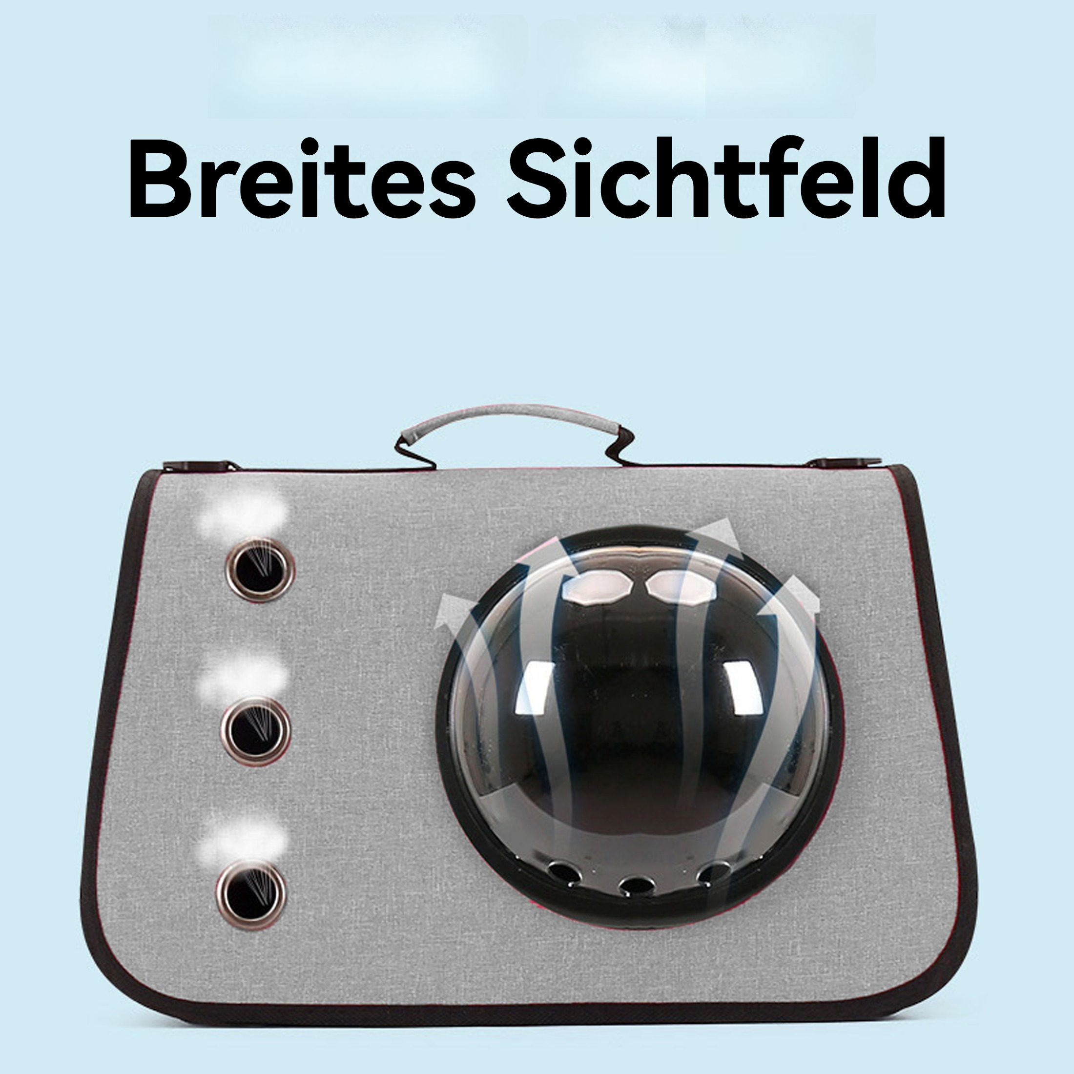 Graue Haustiertragetasche mit transparentem Blasenfenster. Text: 'Breites Sichtfeld'.