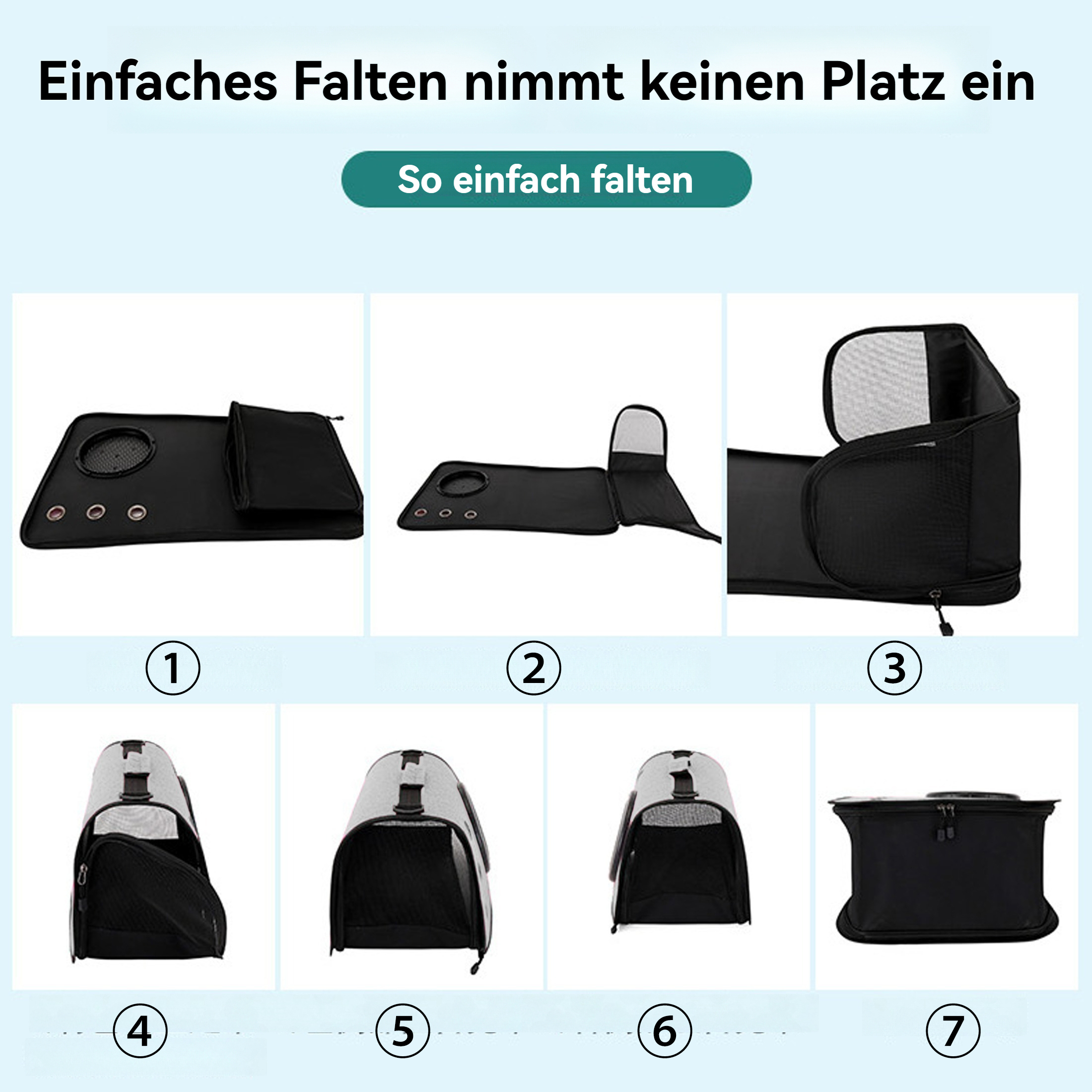 Schwarz-weiße Haustiertrage, in verschiedenen Schritten gefaltet und entfaltet, mit dem Text 'Einfaches Falten'.