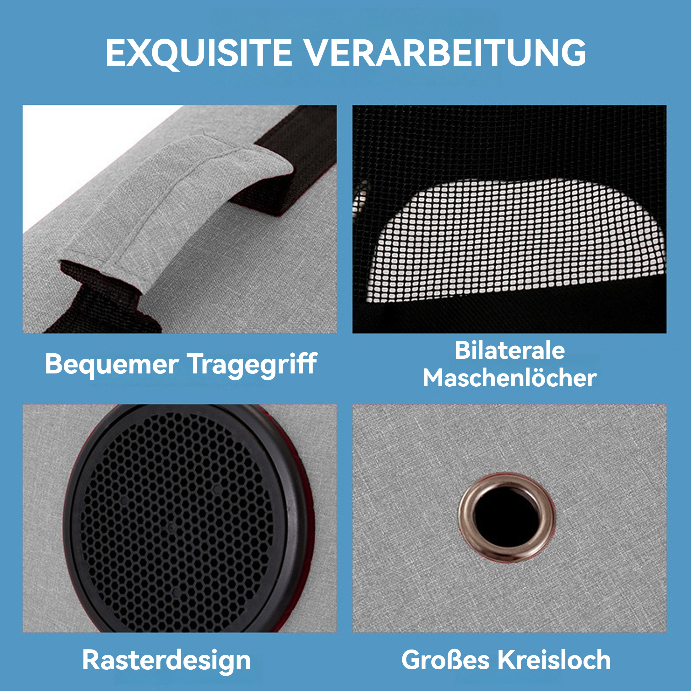 Nahaufnahmen einer Haustiertragetasche. Merkmale: Griff, Netzfenster und Belüftungslöcher.