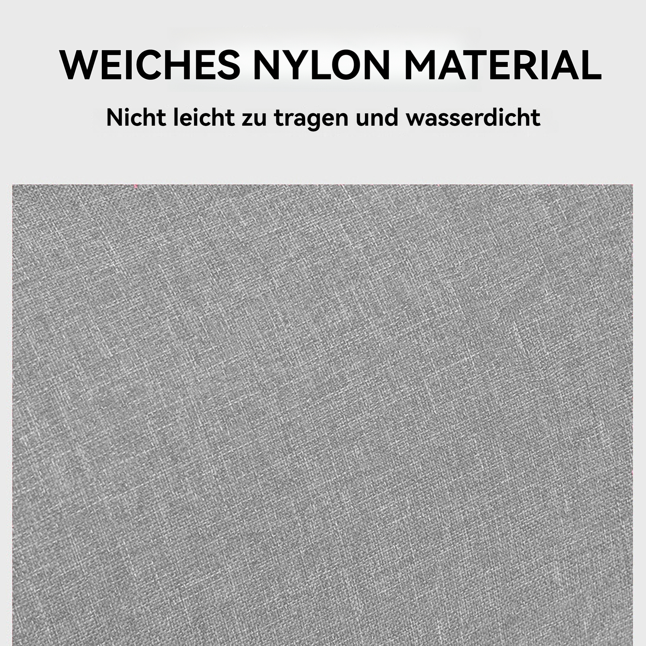 Nahaufnahme eines grauen Nylongewebes mit leicht strukturierter Oberfläche. Text besagt, dass es weich und wasserdicht ist.