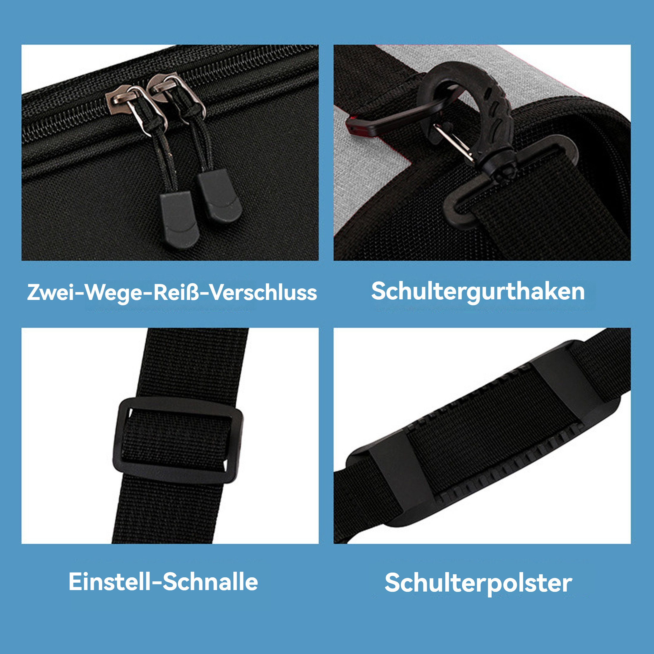 Nahaufnahmen einer schwarzen Tasche: Reißverschlüsse, Haken, Schnalle und Schulterpolster.
