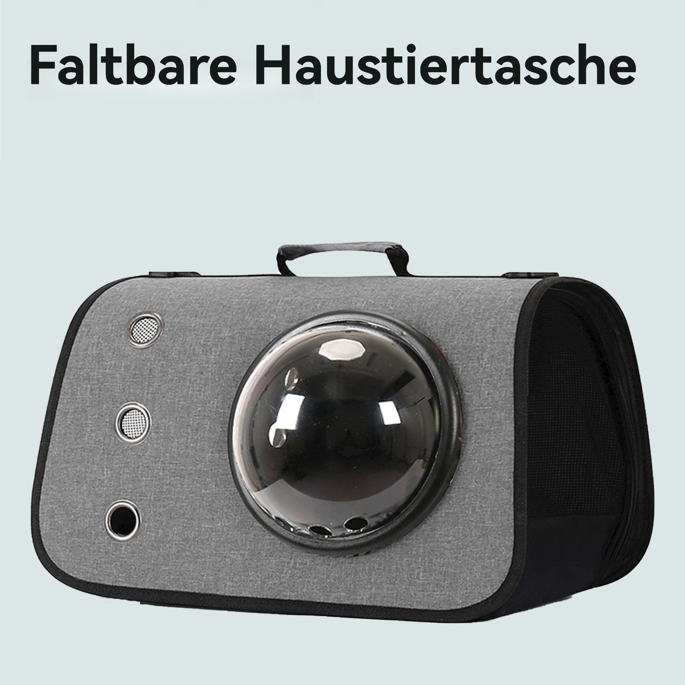 Eine graue Haustiertasche mit einem transparenten Blasenfester und Belüftungslöchern.