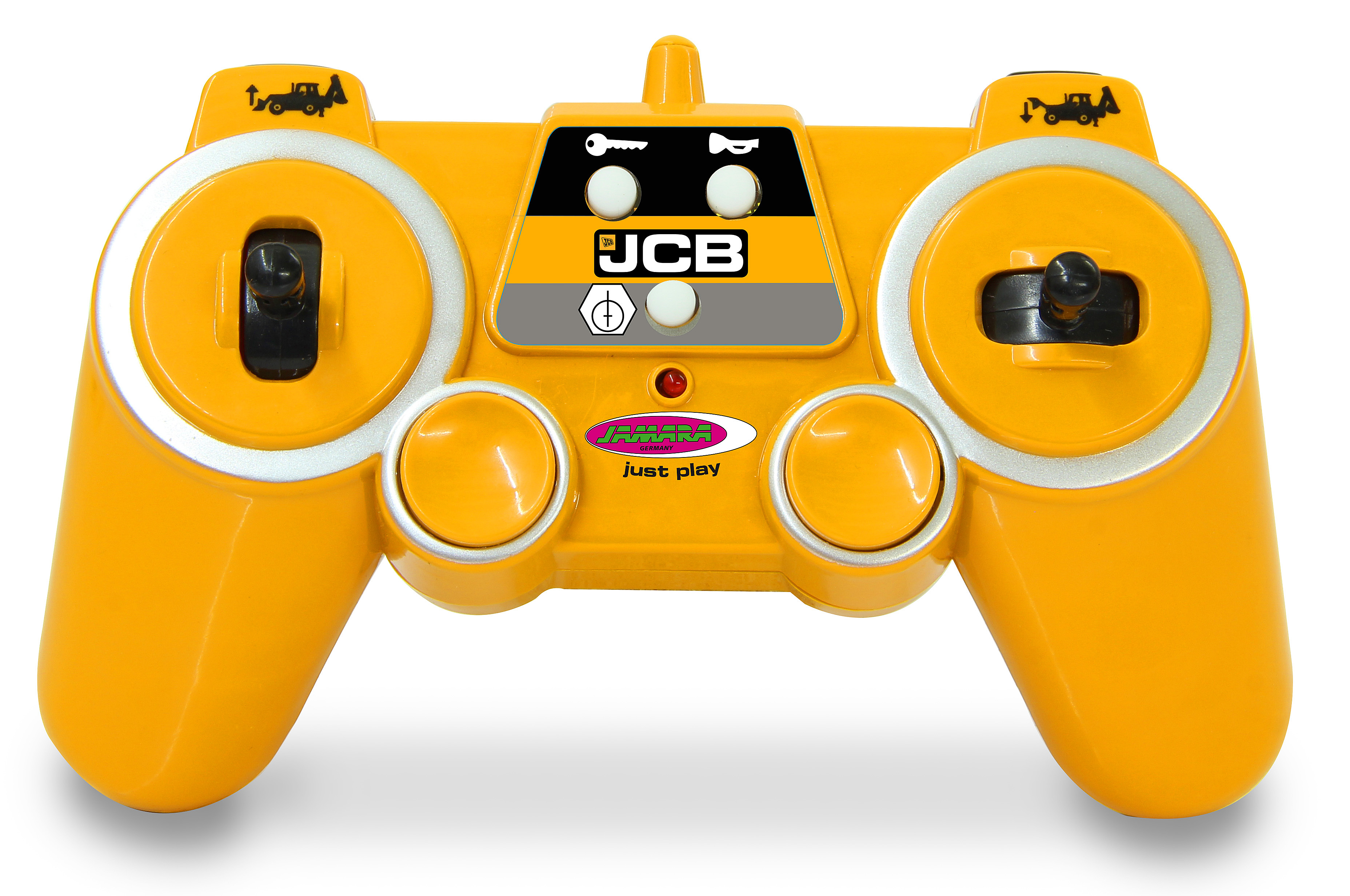 Gelbe JCB-Fernbedienung. Sie hat schwarze Joysticks, Knöpfe und das JCB-Logo.