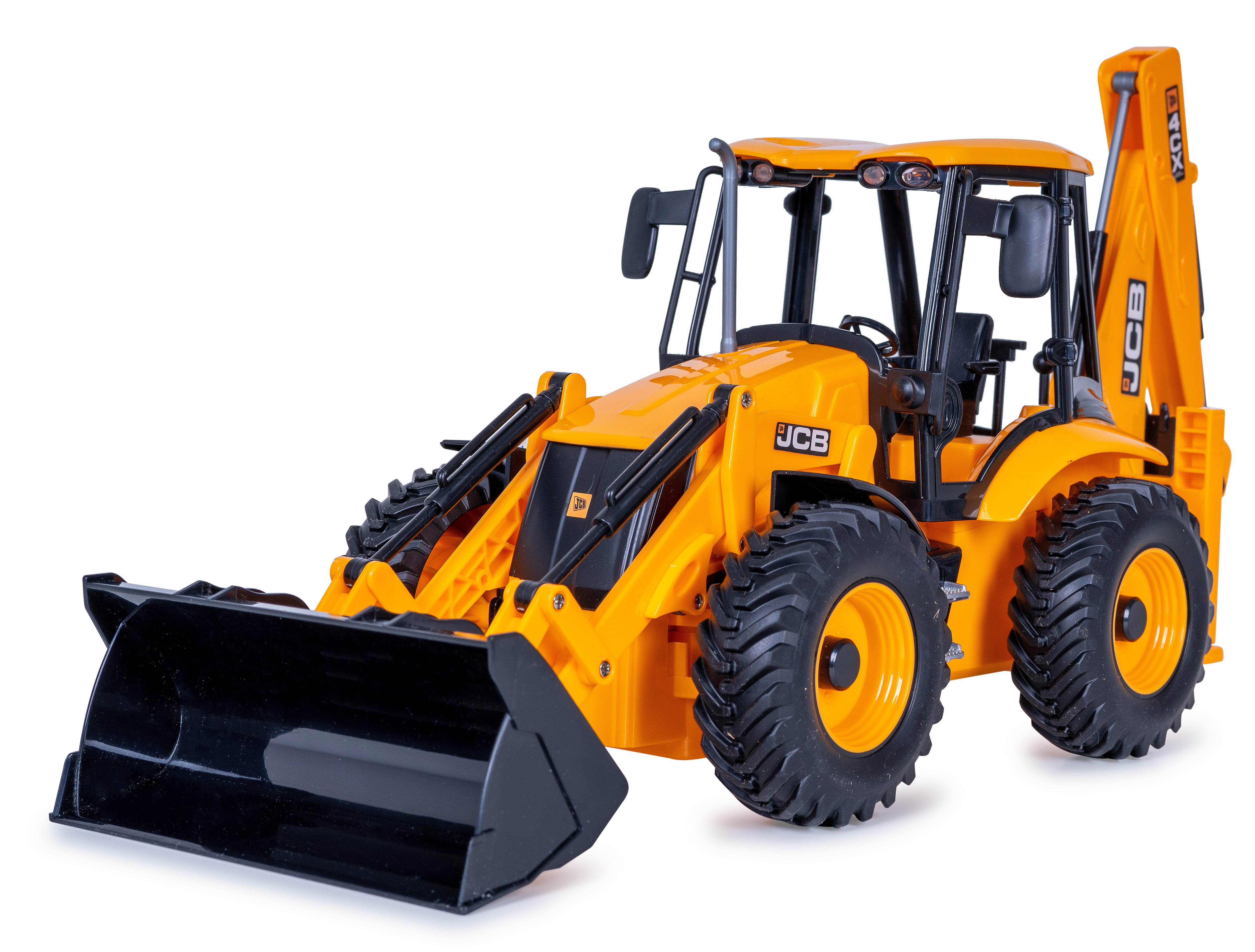Ein gelbes JCB-Spielzeug-Frontlader auf weißem Hintergrund, mit abgesenktem Eimer.