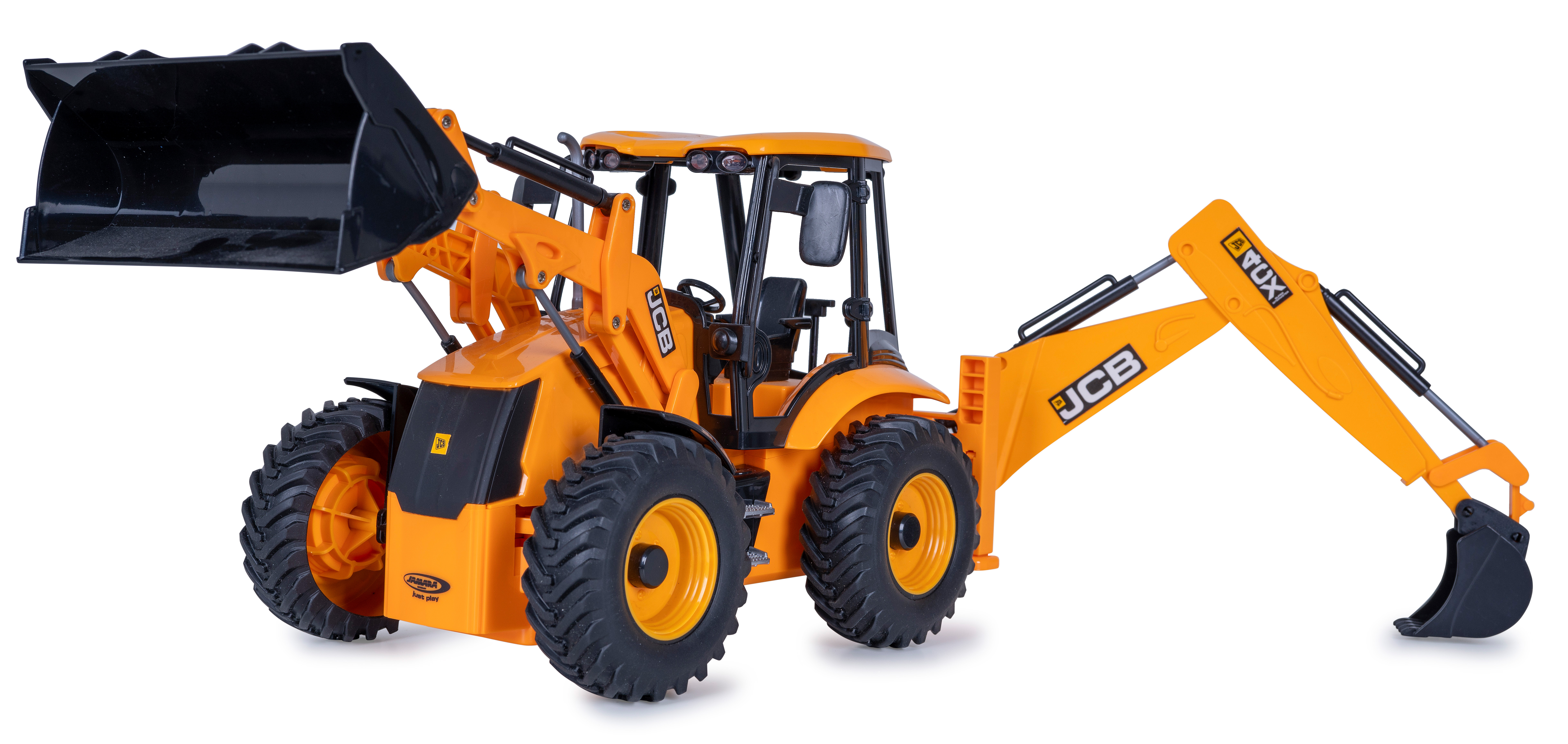 Ein gelber JCB-Spielzeug-Frontlader auf weißem Hintergrund, Eimer in der Luft.