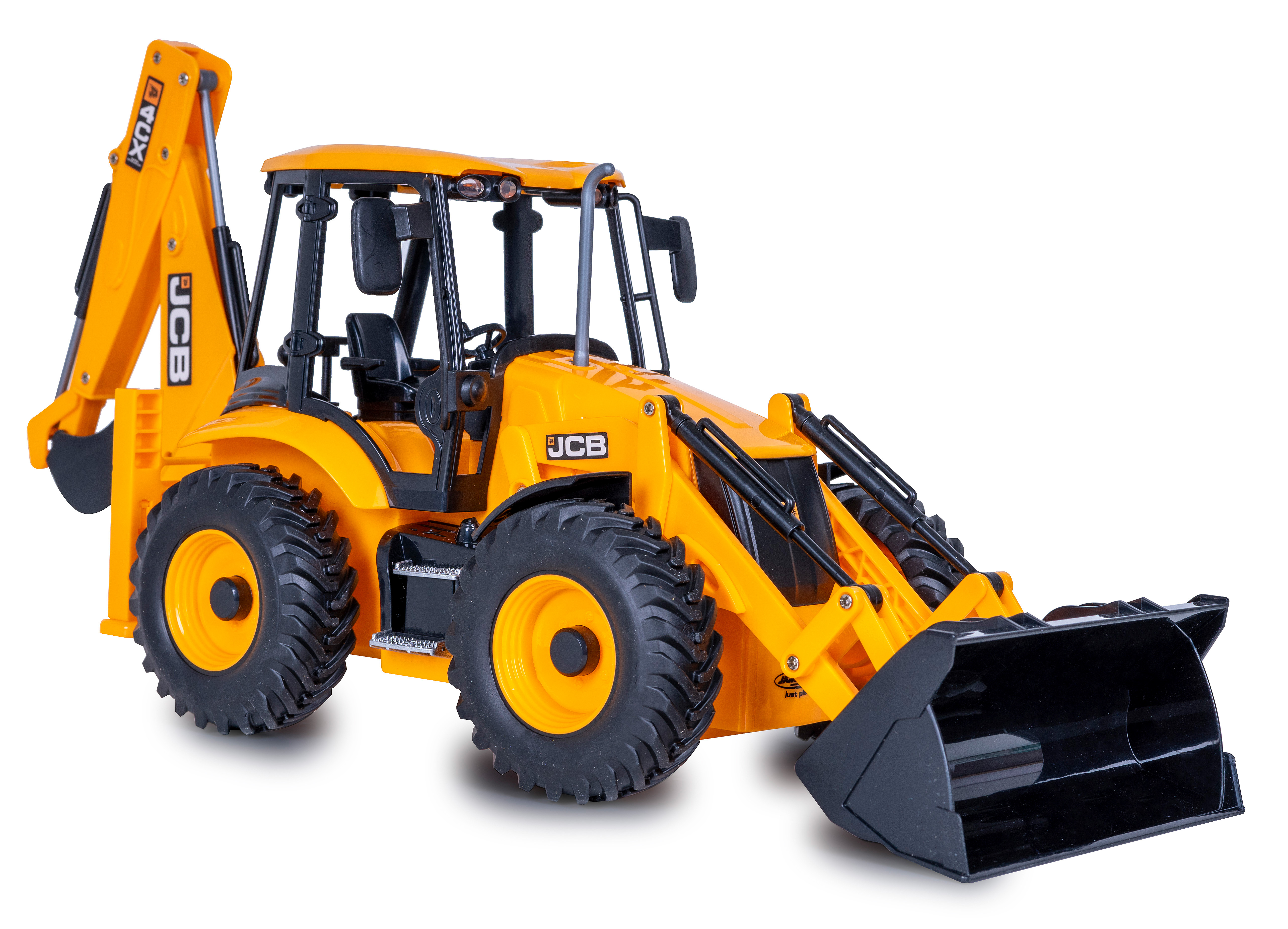 Gelbes JCB-Baggerlader-Spielzeug auf weißem Grund. Das Spielzeug hat schwarze Reifen und eine schwarze Schaufel.