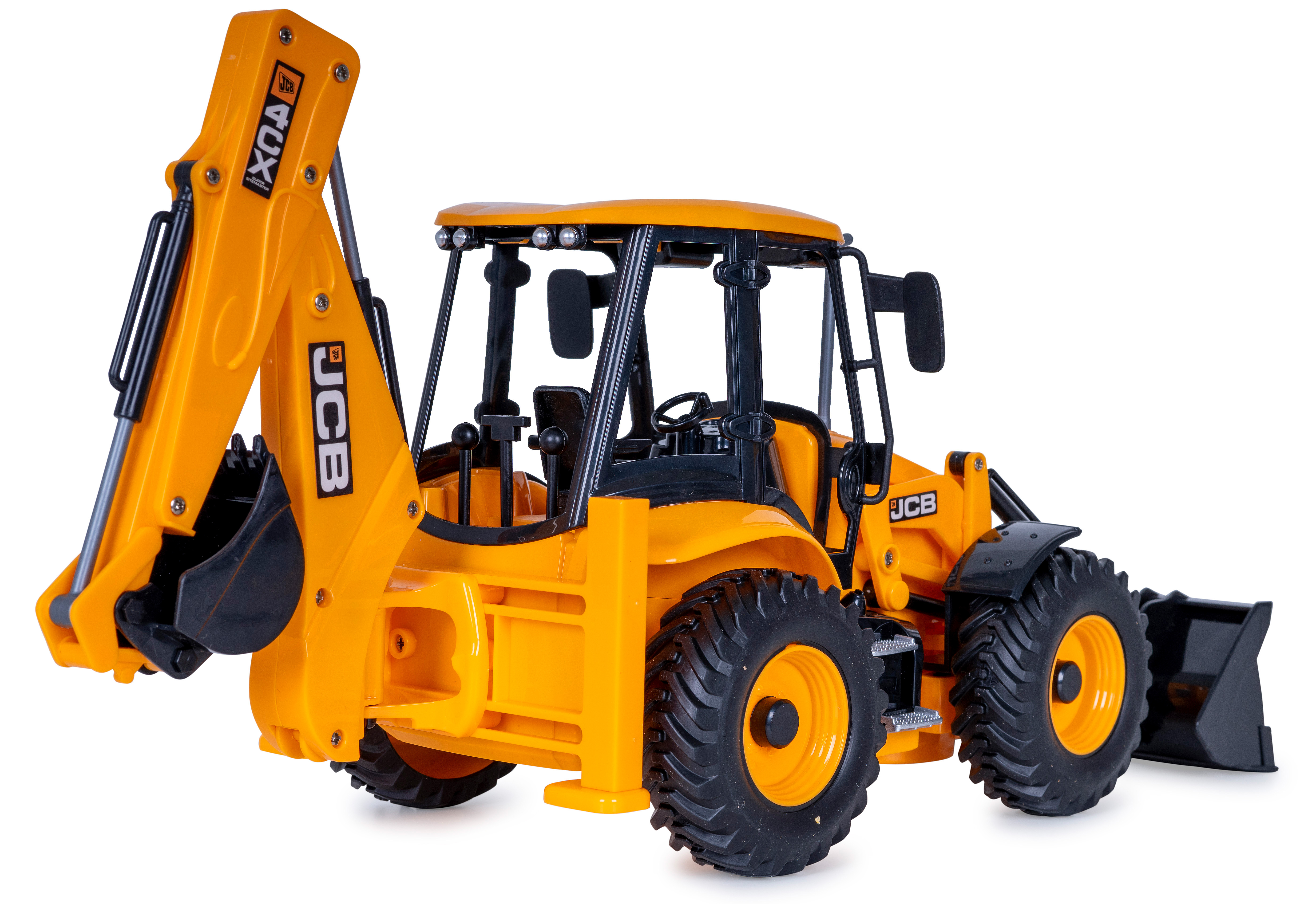Ein gelbes JCB-Spielzeug-Frontlader, leicht angewinkelt, auf weißem Hintergrund.