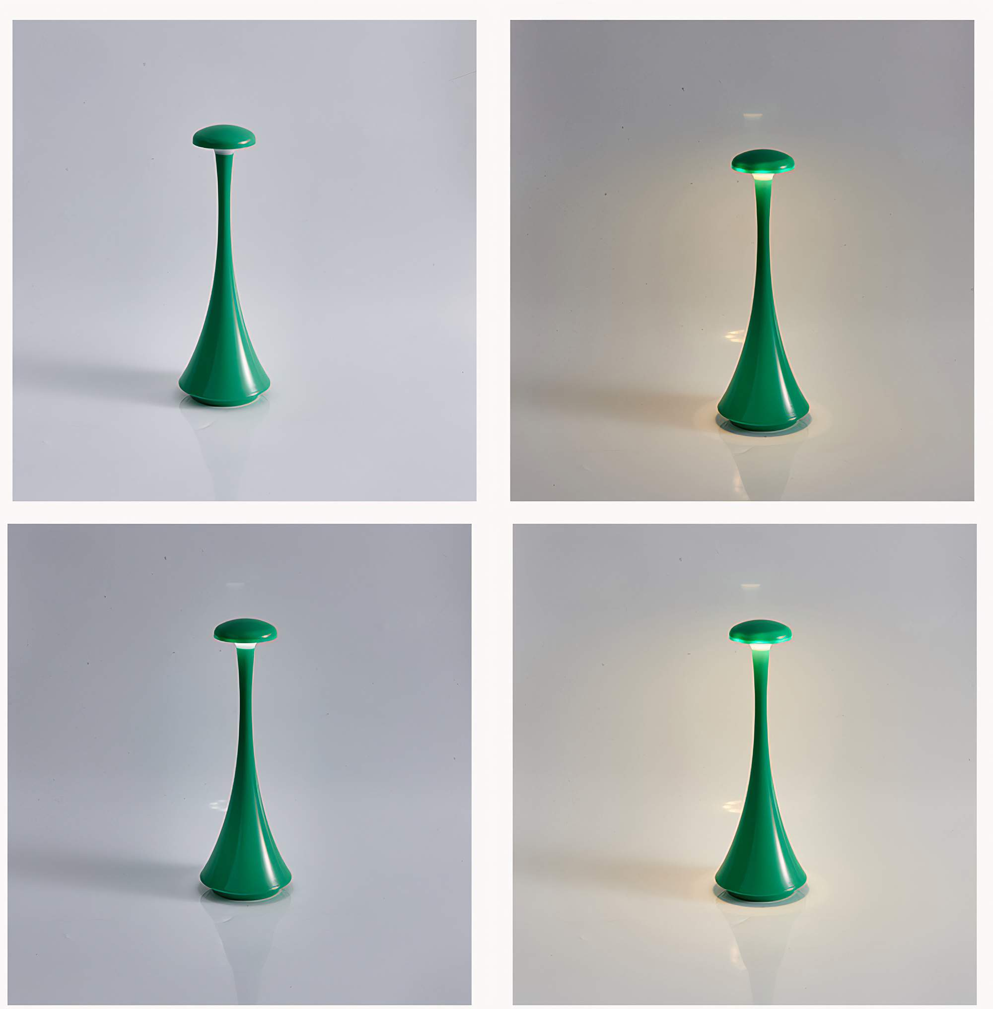 Vier Bilder einer grünen modernen Schreibtischlampe bei verschiedenen Helligkeitsstufen.