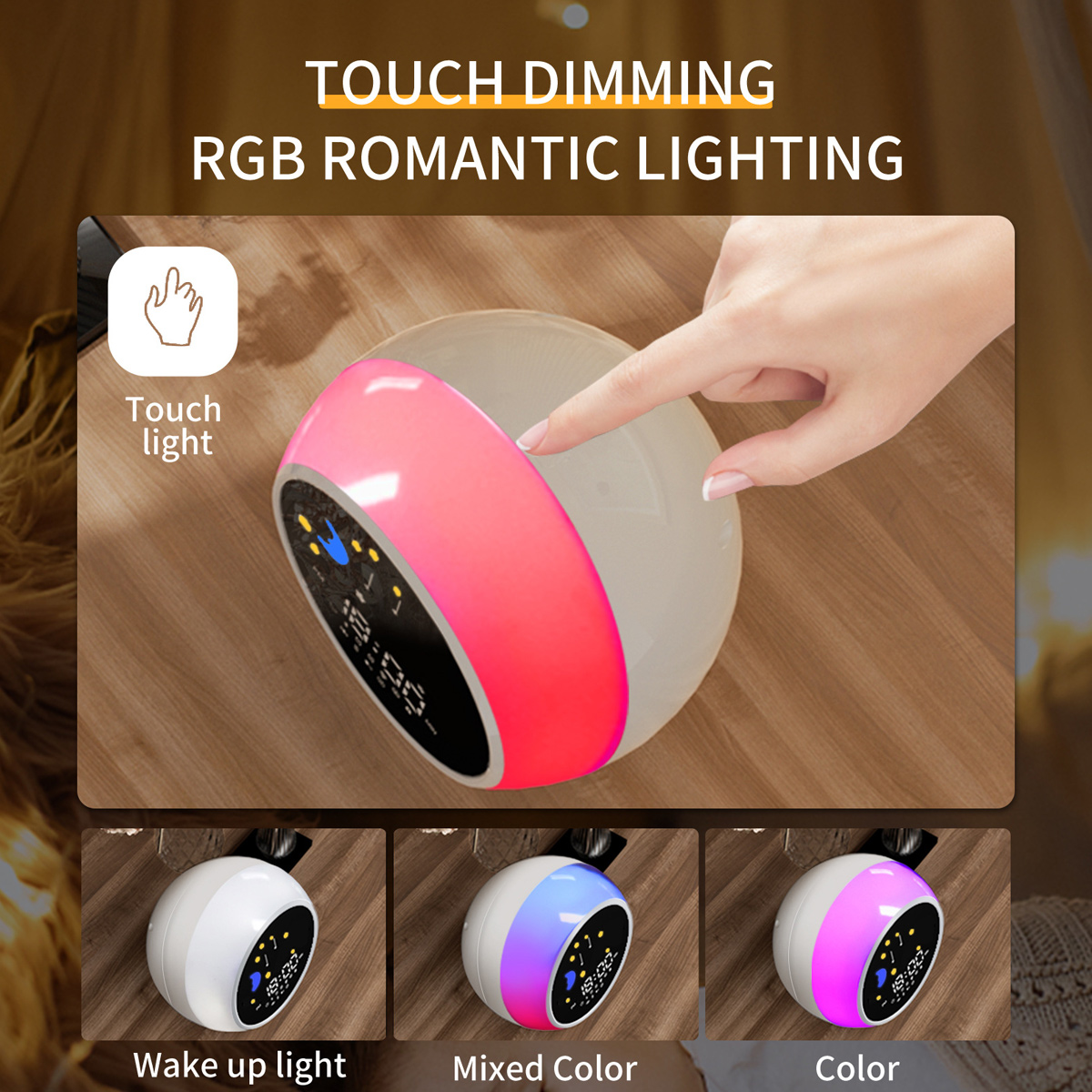 Ein Touch-Dimming-RGB-Romantik-Beleuchtungs-Wecker mit verschiedenen Farboptionen.