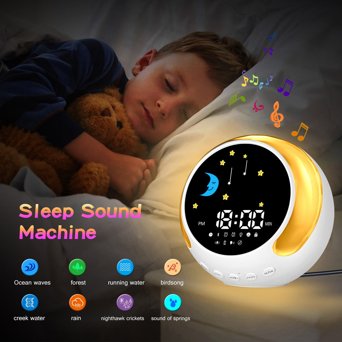 Ein schlafendes Kind mit einem Teddybären neben einer Schlafgeräuschmaschine mit verschiedenen Soundoptionen.