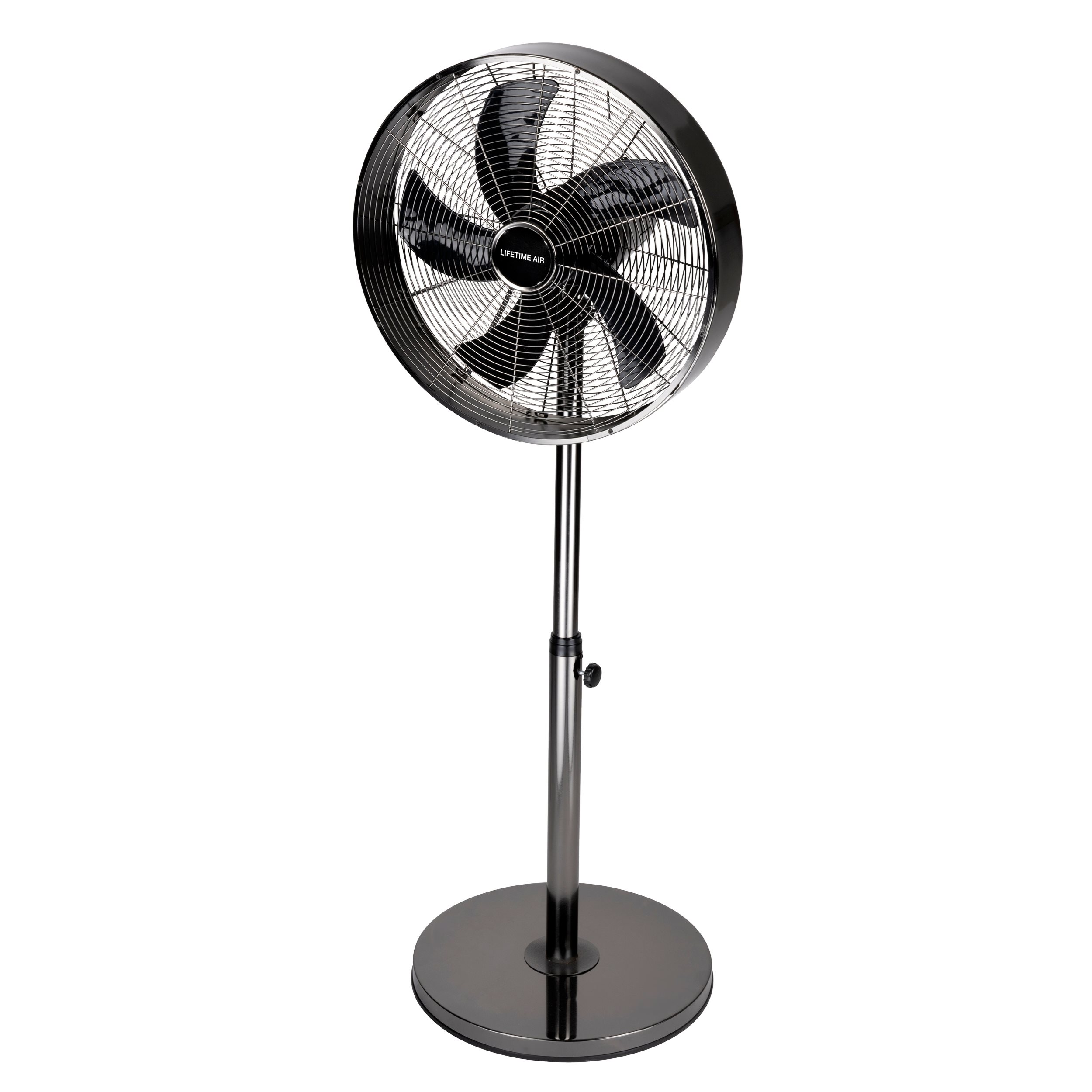 Black stand-up fan. Silver frame and base. White background.