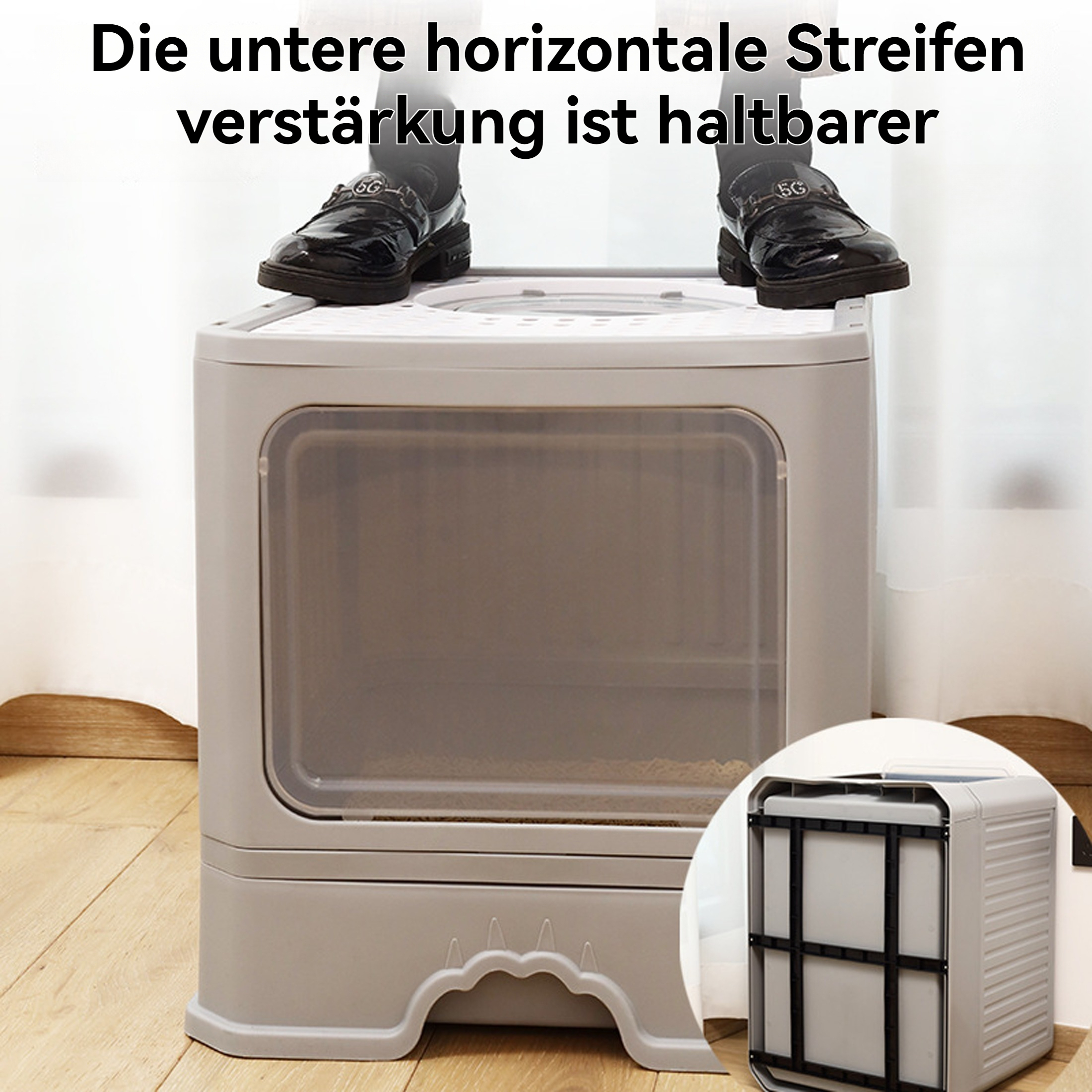 Eine graue Katzentoilette mit einer Katze oben drauf und eine kleinere Version der Box.