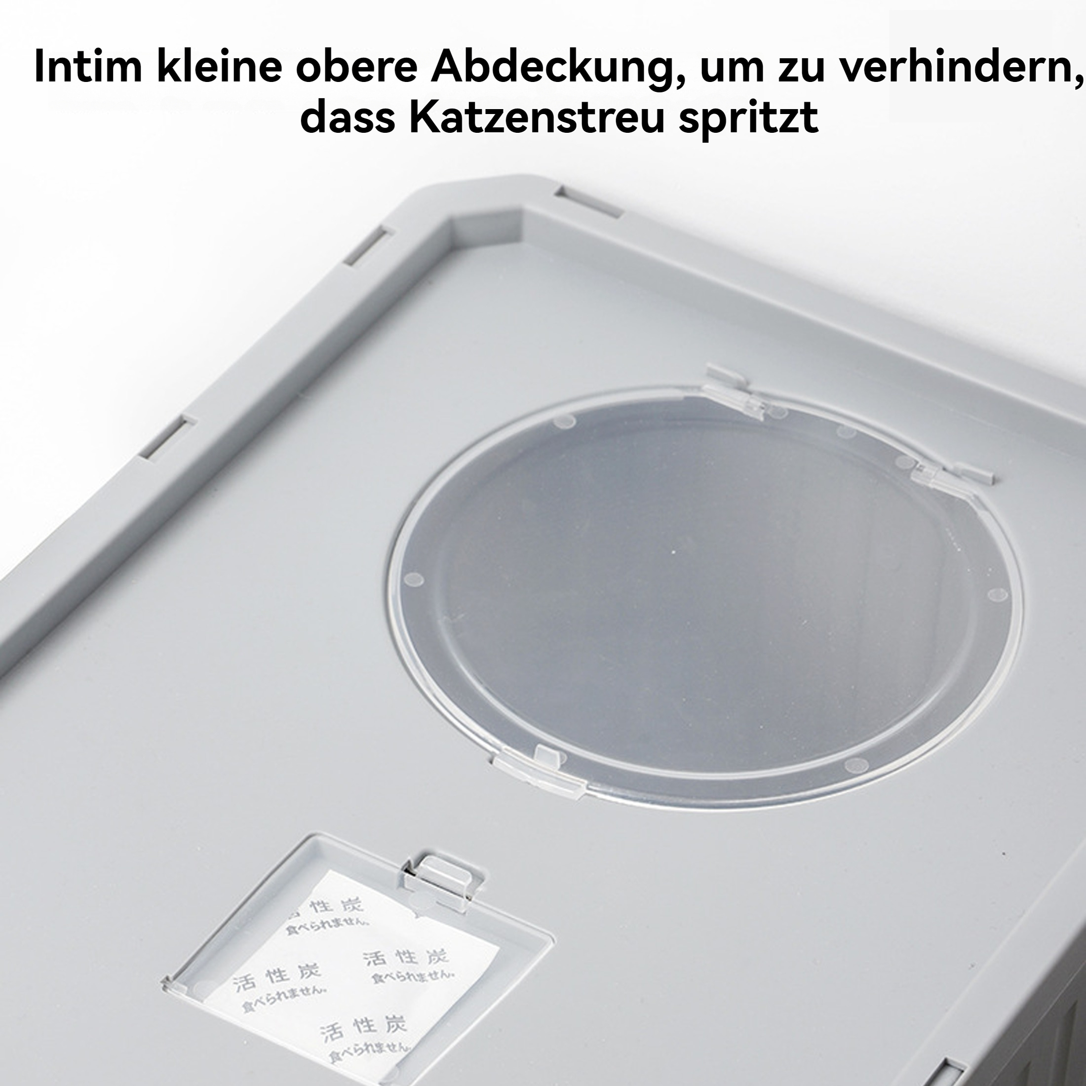 Eine Katzentoilette mit einem halbtransparenten Deckel und einer kleinen, aufklappbaren Tür.