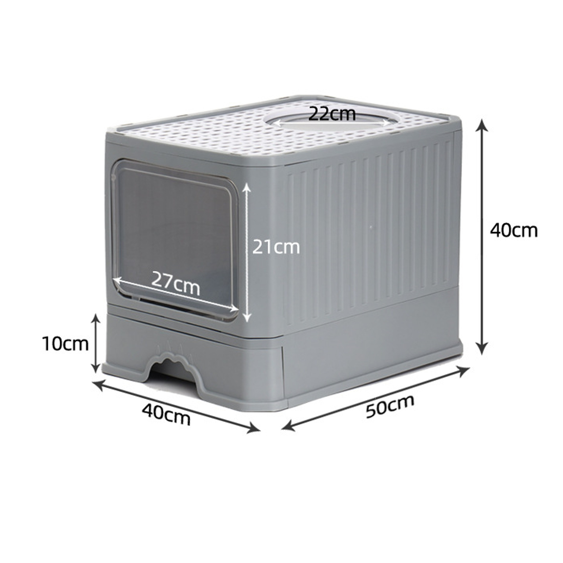 Eine graue Katzentoilette. Die Abmessungen sind 50 cm lang, 40 cm breit und 40 cm hoch.