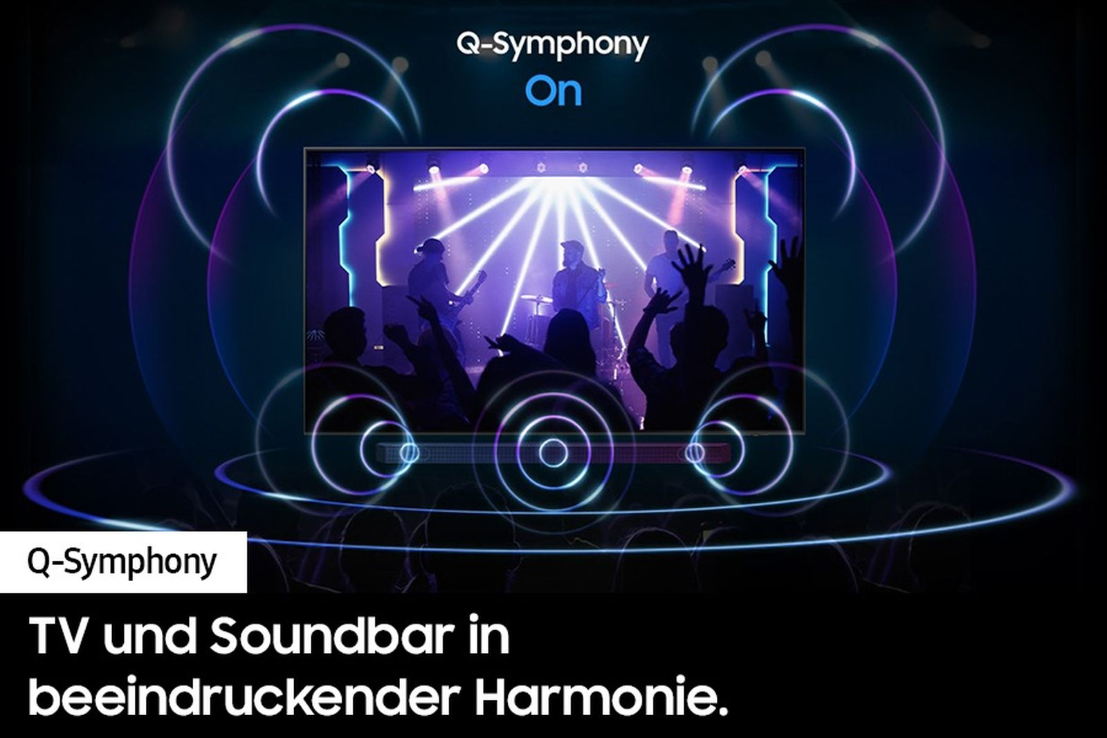 Obraz przedstawia telewizor z falami dźwiękowymi wychodzącymi z niego, reklamujący Q-Symphony.
