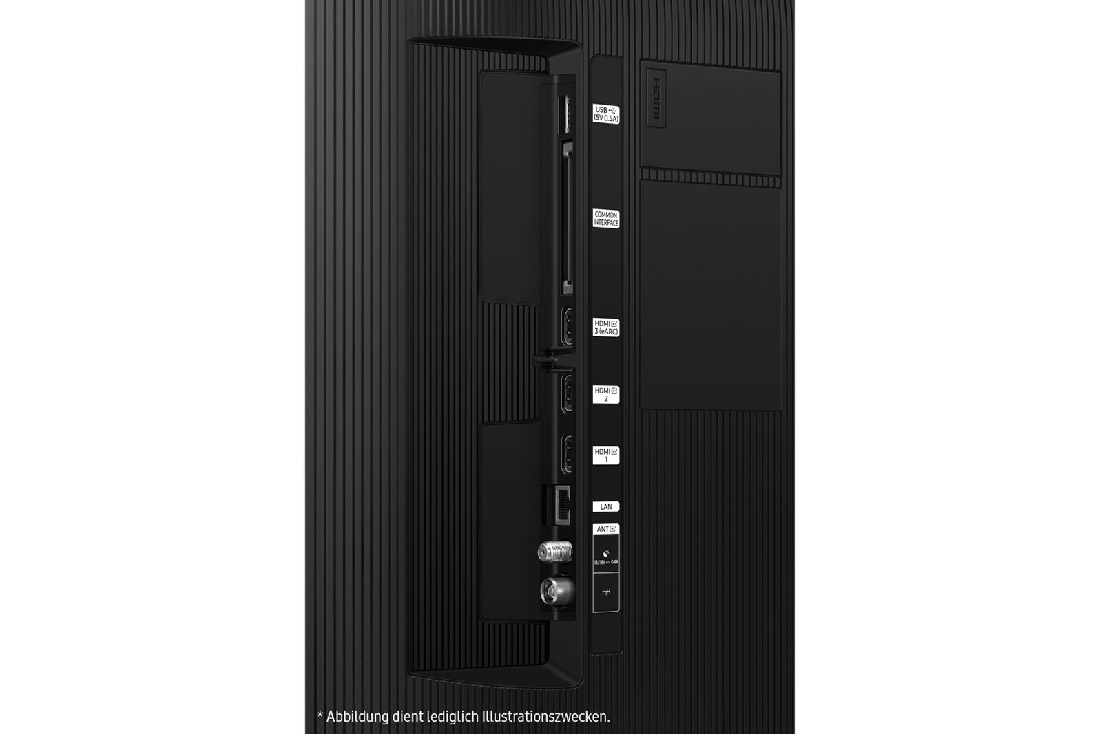 Zbliżenie tylnej części czarnego telewizora z różnymi wejściami oznaczonymi etykietami.