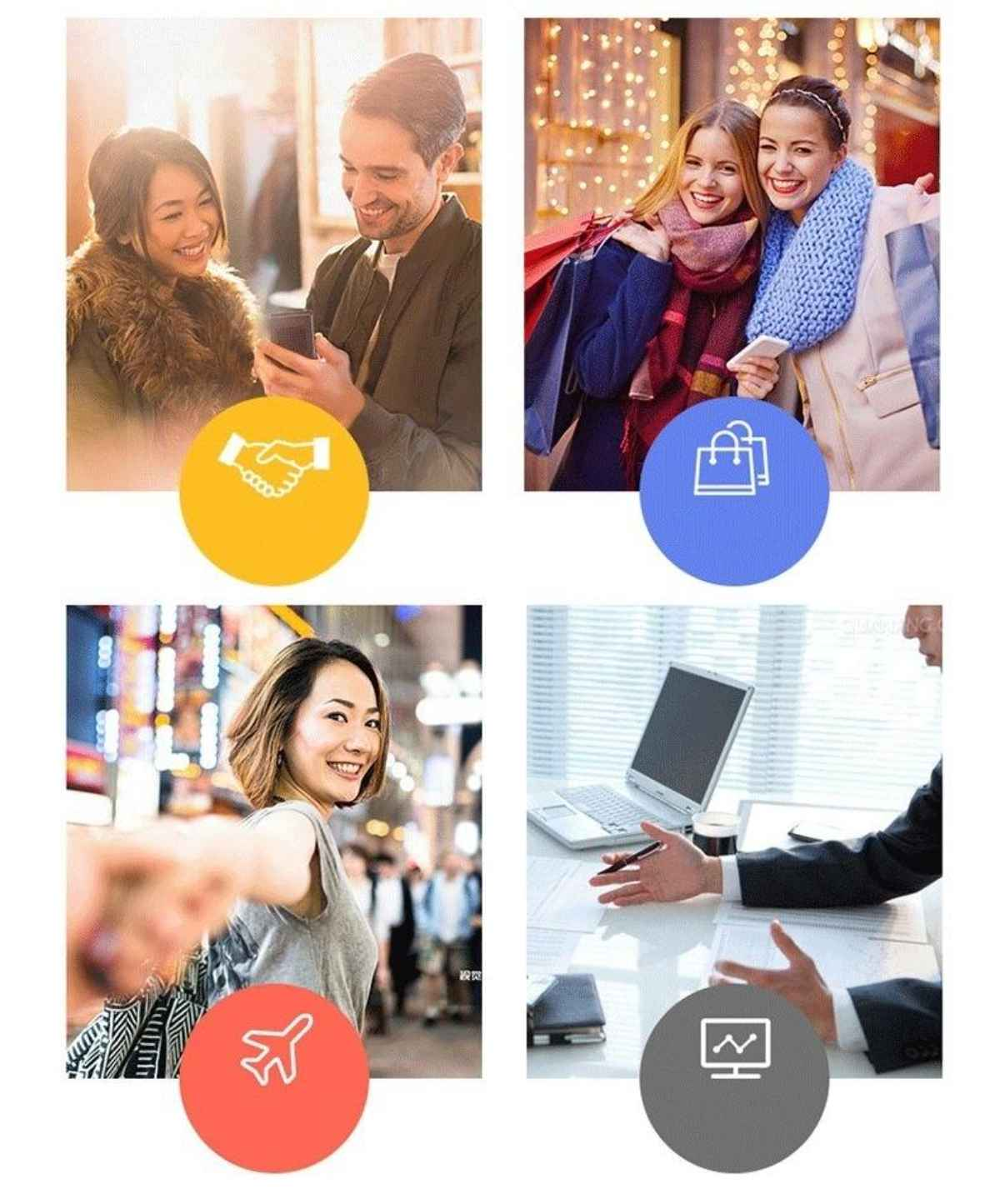 Vier Bilder, die Menschen in Interaktion zeigen. Ein Paar benutzt ein Telefon, zwei Frauen mit Einkaufstaschen und eine Frau macht ein Selfie.