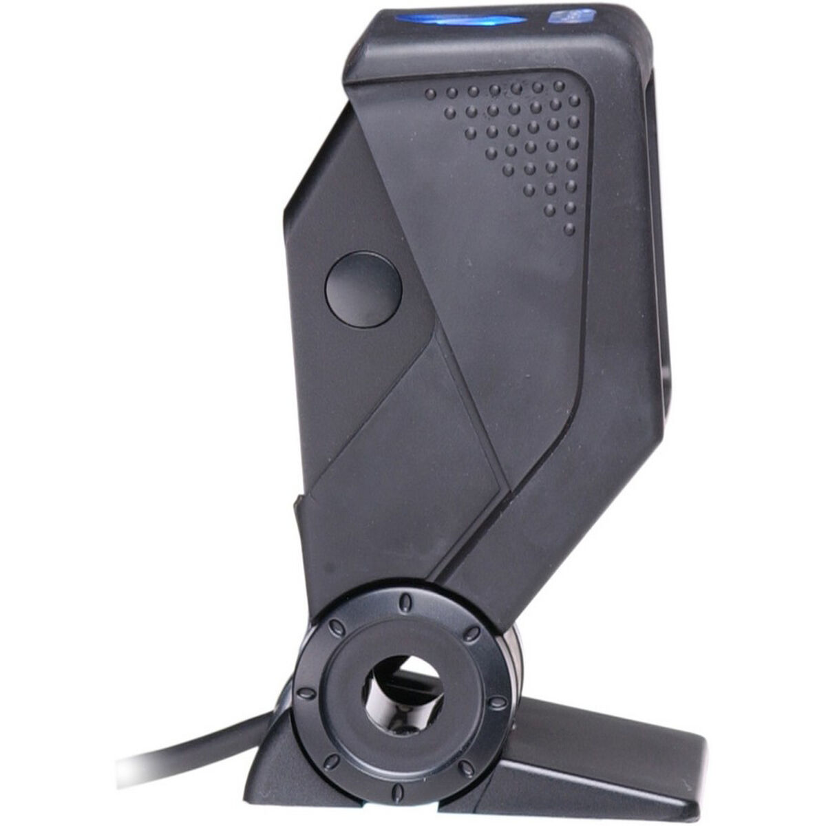 Eine Nahaufnahme eines schwarzen Barcodescanners, der auf einer Basis montiert ist, mit einem blauen Licht.