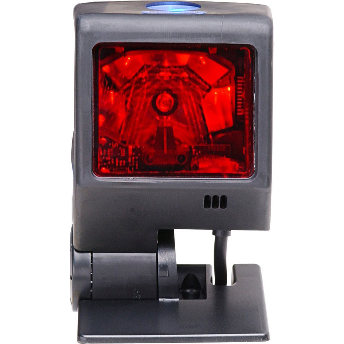 Ein schwarzer Barcode-Scanner mit rotem Licht. Es steht auf einem Ständer. Der Hintergrund ist weiß.