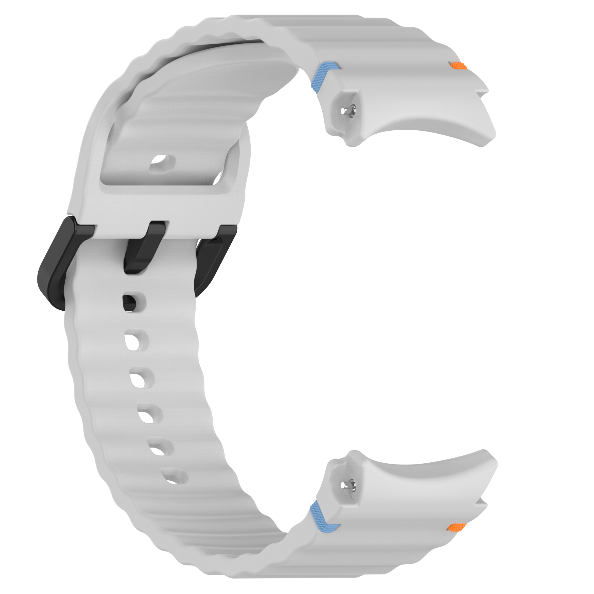 Un cinturino per orologio bianco con una fibbia nera è mostrato su uno sfondo bianco. Il cinturino è in silicone.