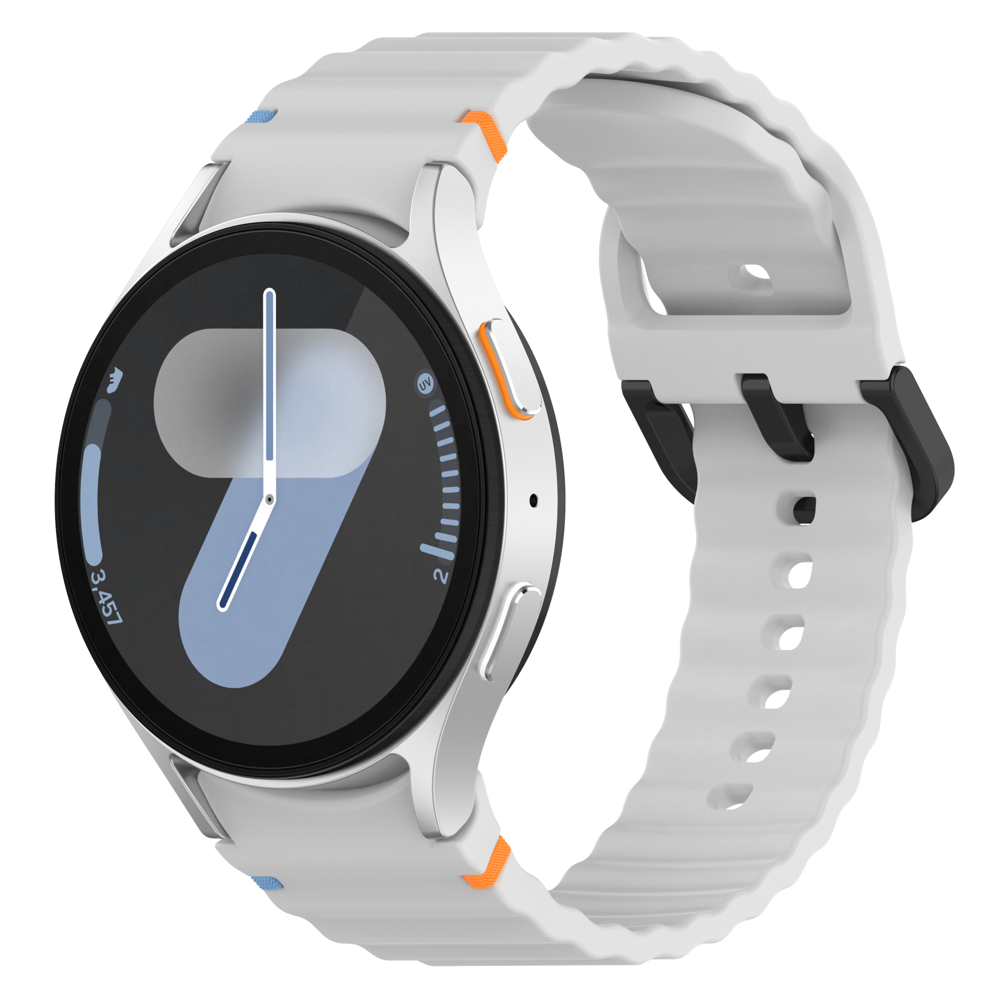 Uno smartwatch con un cinturino bianco è mostrato su uno sfondo bianco. Il quadrante è nero con un orologio blu.