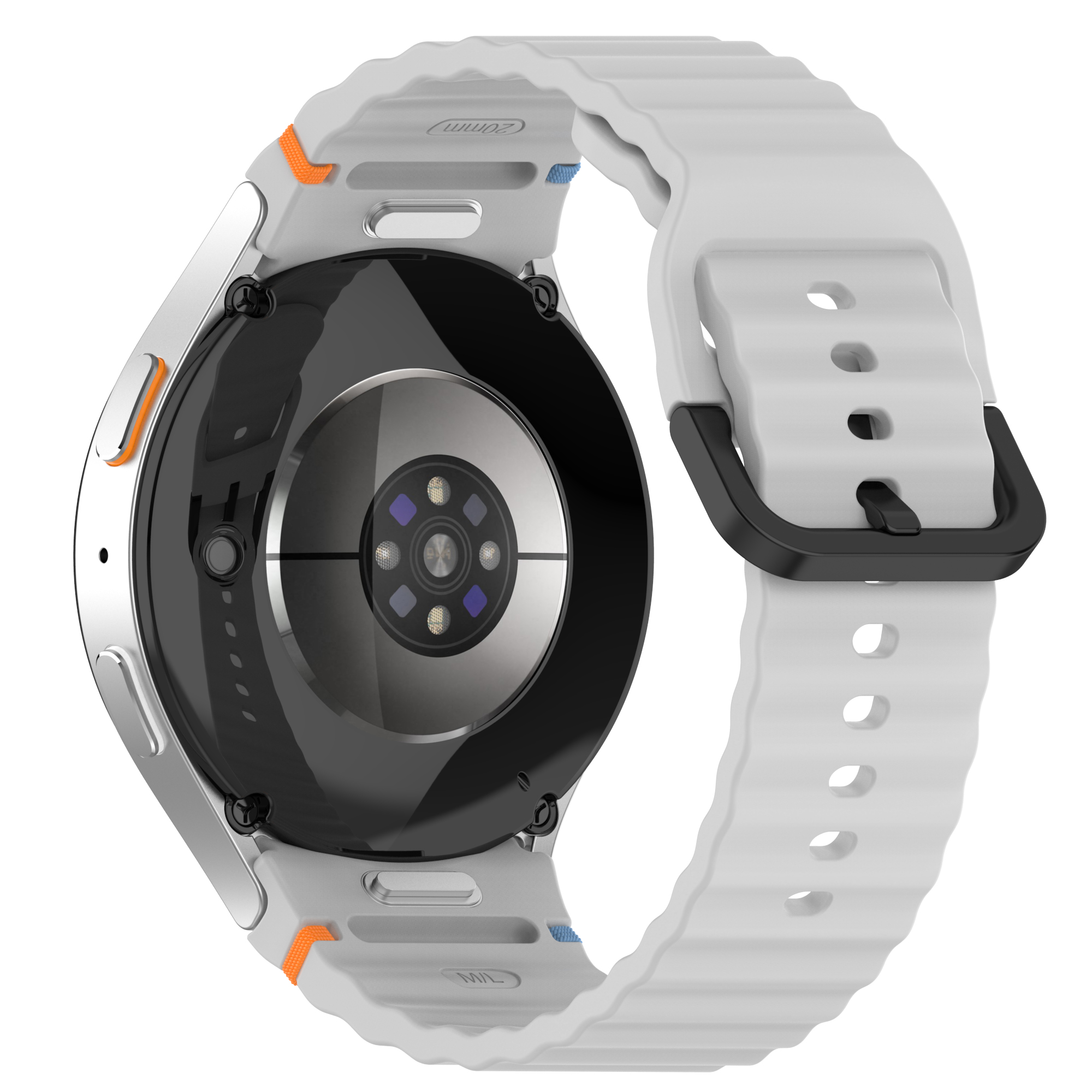 Uno smartwatch con un cinturino bianco è mostrato su uno sfondo bianco. Il quadrante è nero e argento.