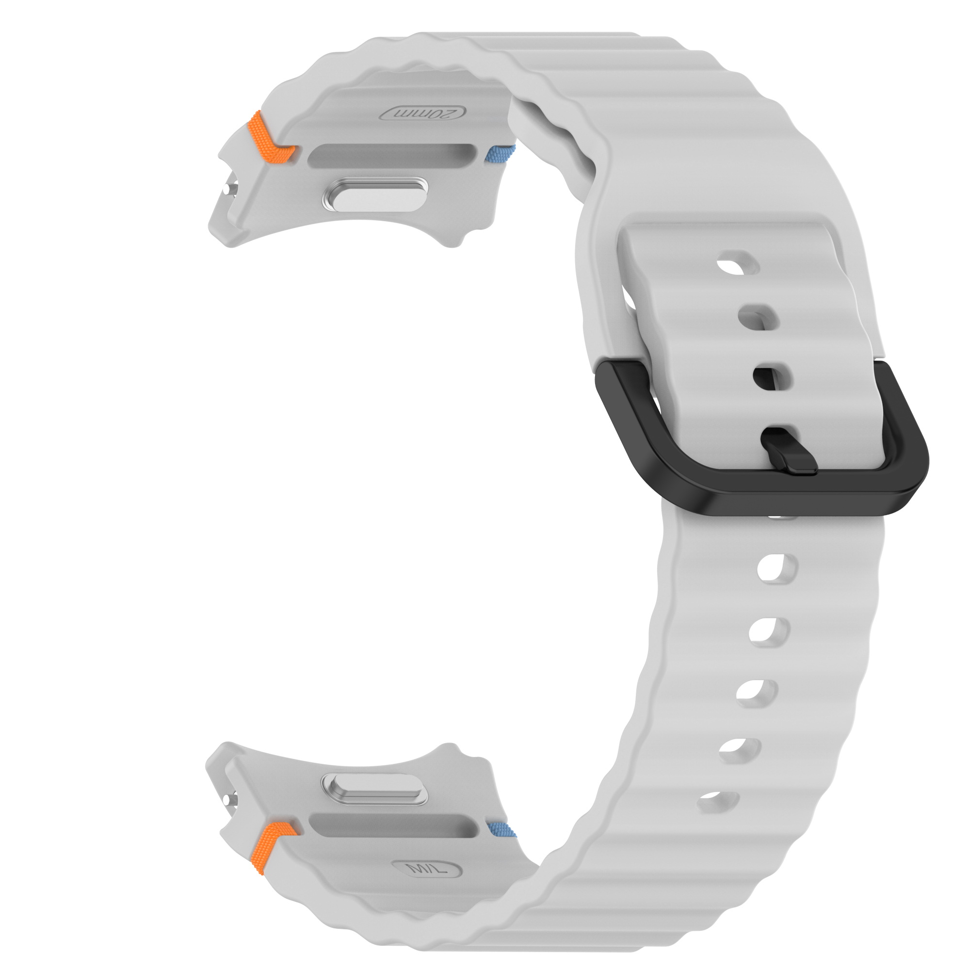 Un cinturino bianco per smartwatch con fibbia nera. Il cinturino ha una trama ondulata e dettagli arancioni.