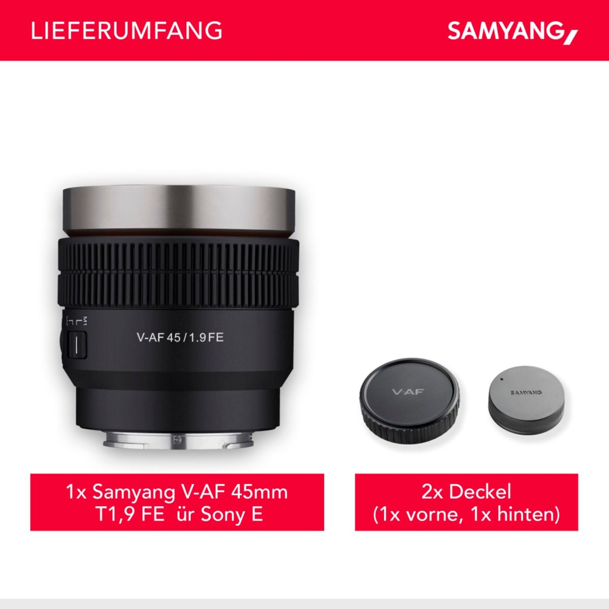 Un obiettivo Samyang V-AF 45mm T1,9 FE per attacco Sony E è mostrato con i suoi accessori su uno sfondo bianco.