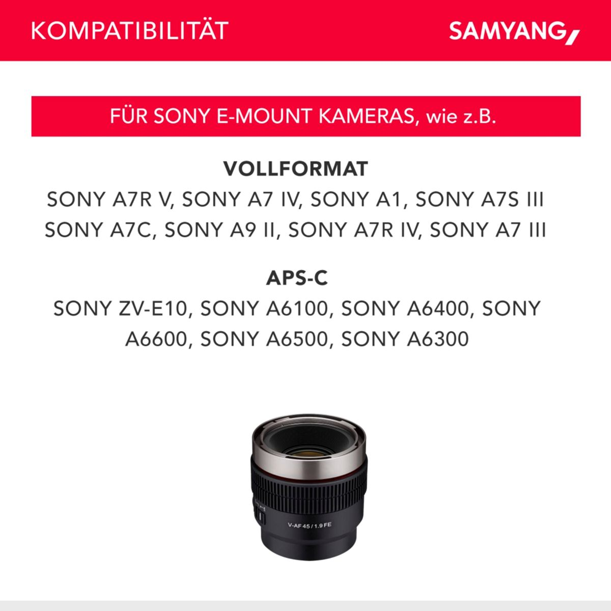 Un obiettivo con testo in tedesco. Il testo include la compatibilità per le fotocamere Sony E-mount.