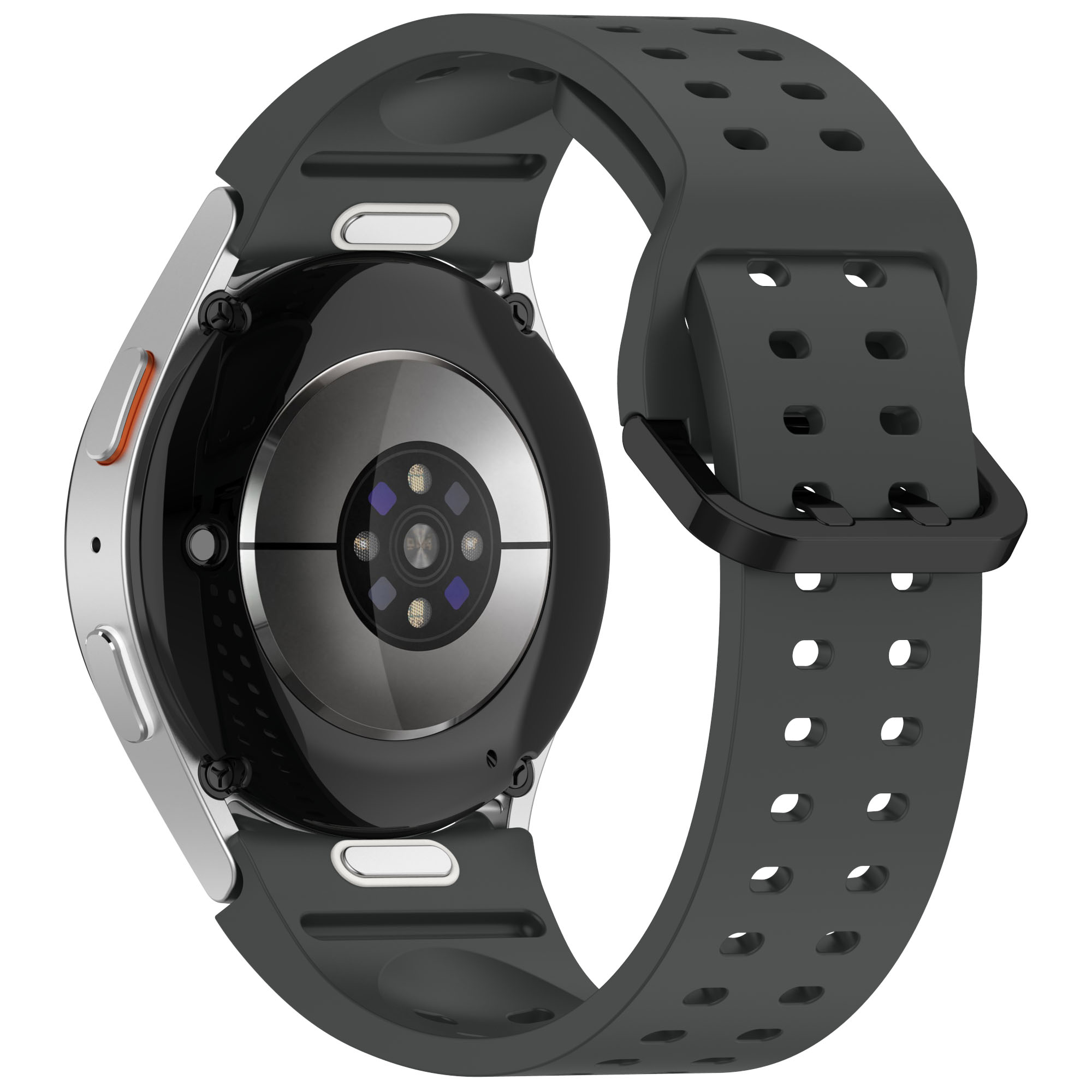 Eine silberne Smartwatch mit dunkelgrauem Armband. Die Uhr zeigt eine blau-weiße Oberfläche.