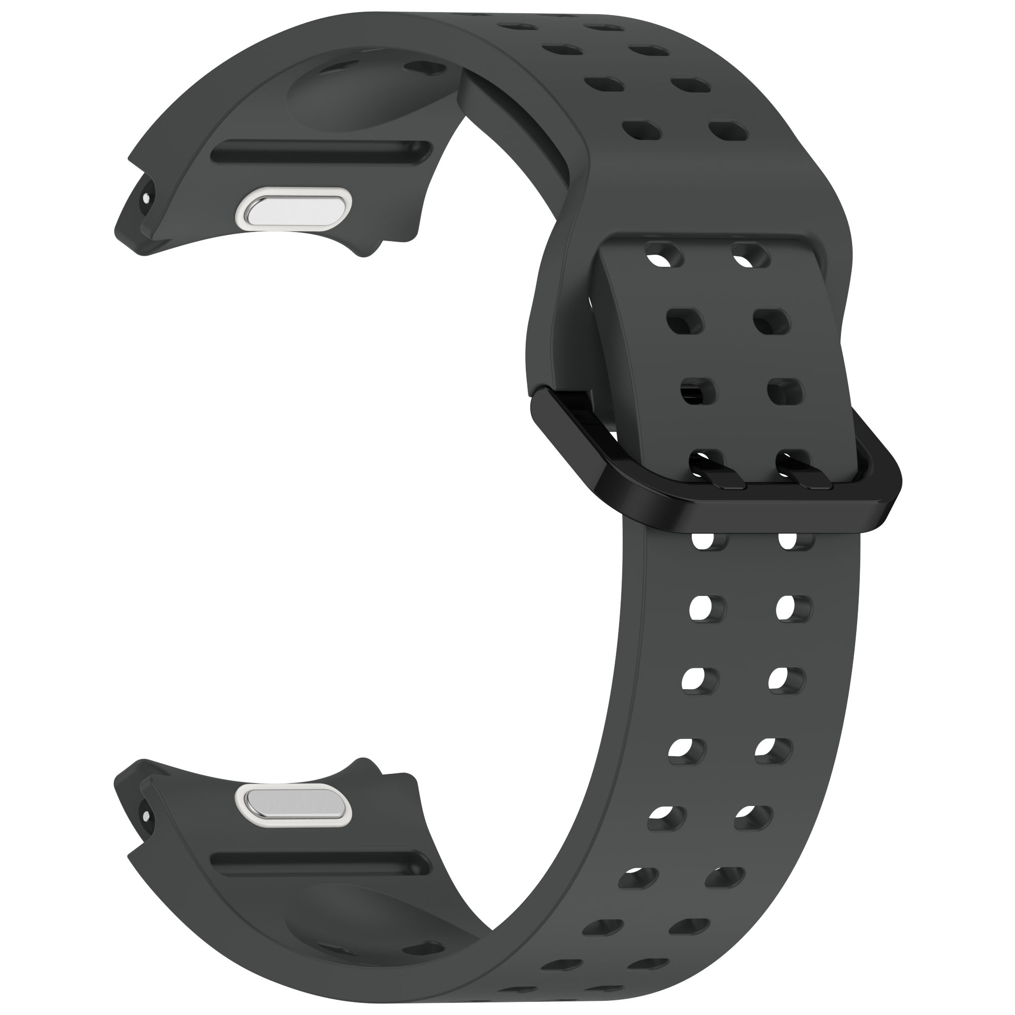 Dunkelgraues Uhrenarmband mit Löchern und schwarzem Verschluss. Es ist gebogen und hat Löcher.